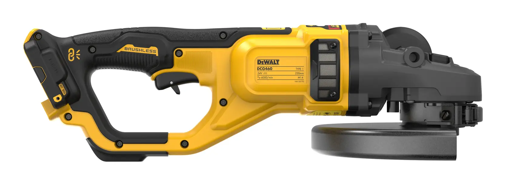 DEWALT DCG460NK cordless brushless angle grinder with yellow and black design, side view.