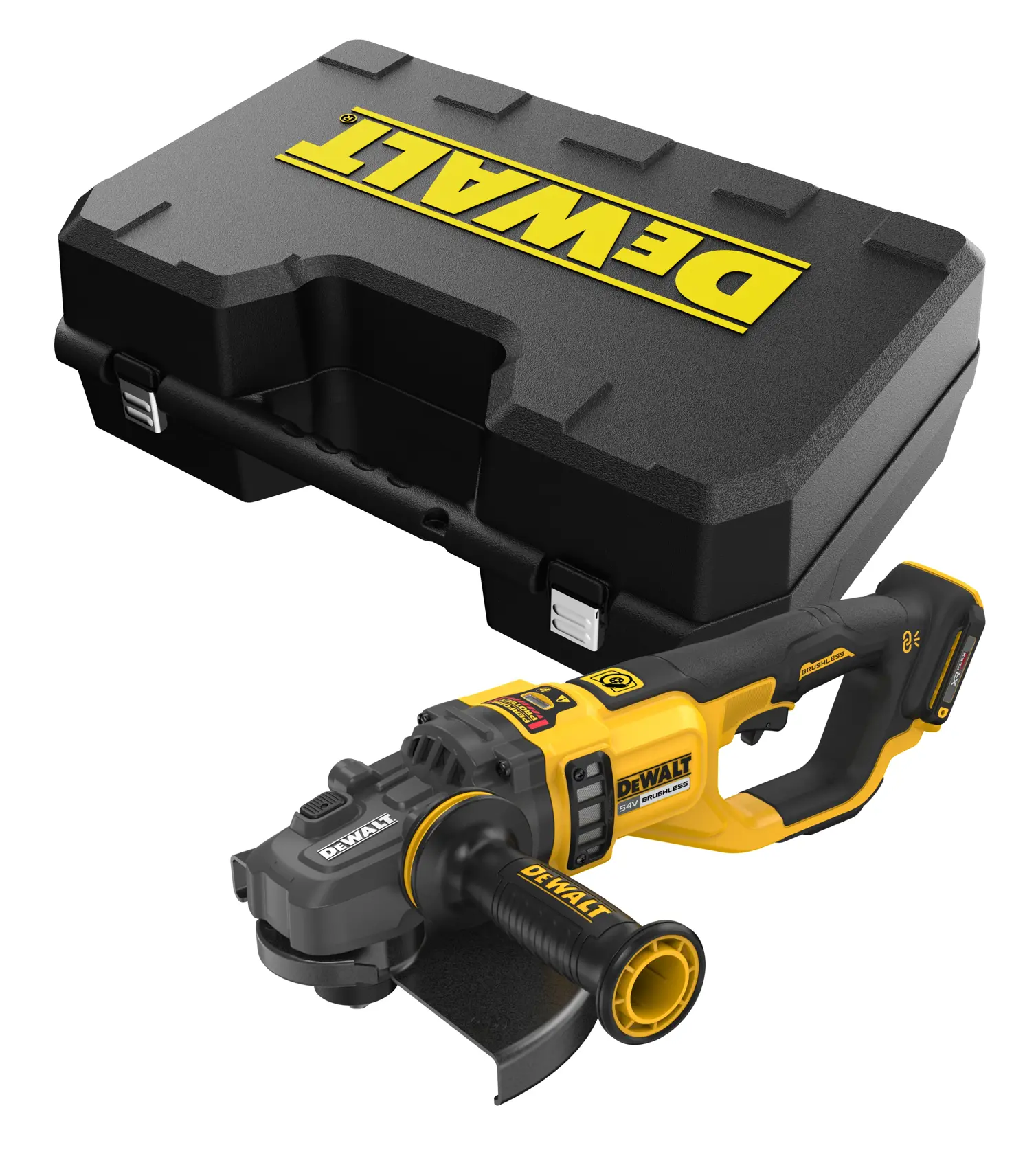 DEWALT cordless angle grinder with black hard carrying case, shown on white background.