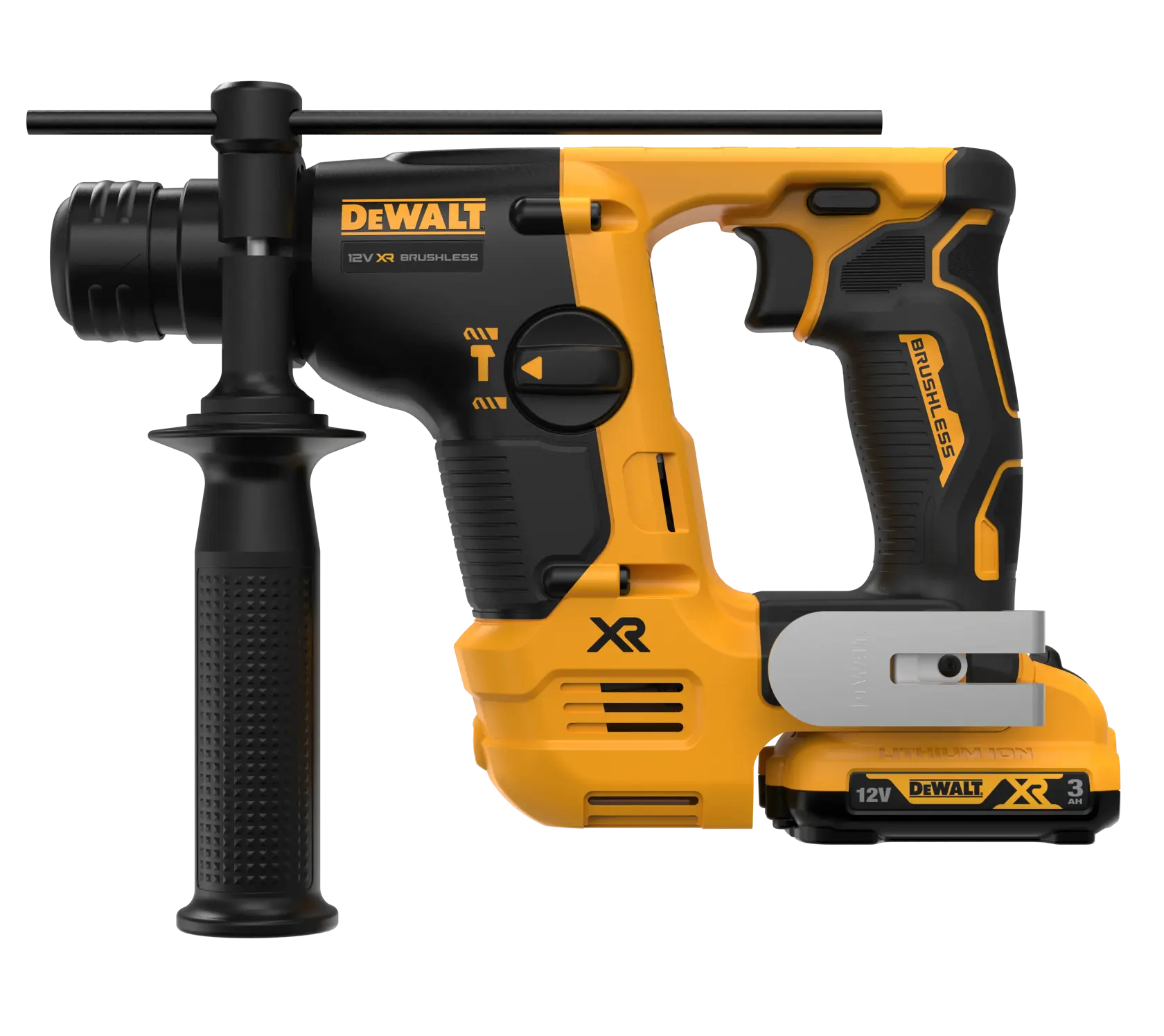 Martello rotativo DEWALT 12V brushless, impugnatura laterale, corpo giallo-nero.