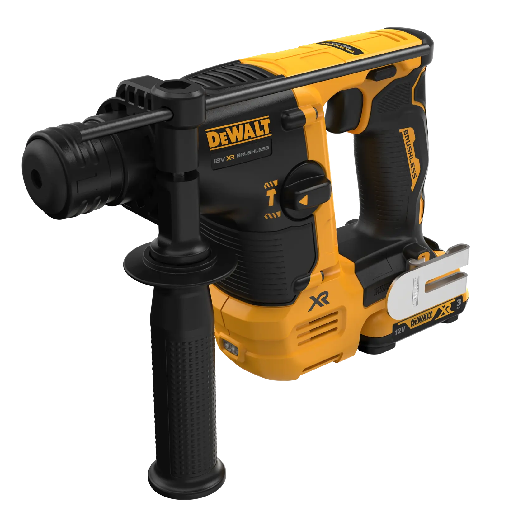Martello rotativo DEWALT senza fili perfora un muro di cemento con aspirazione polvere.