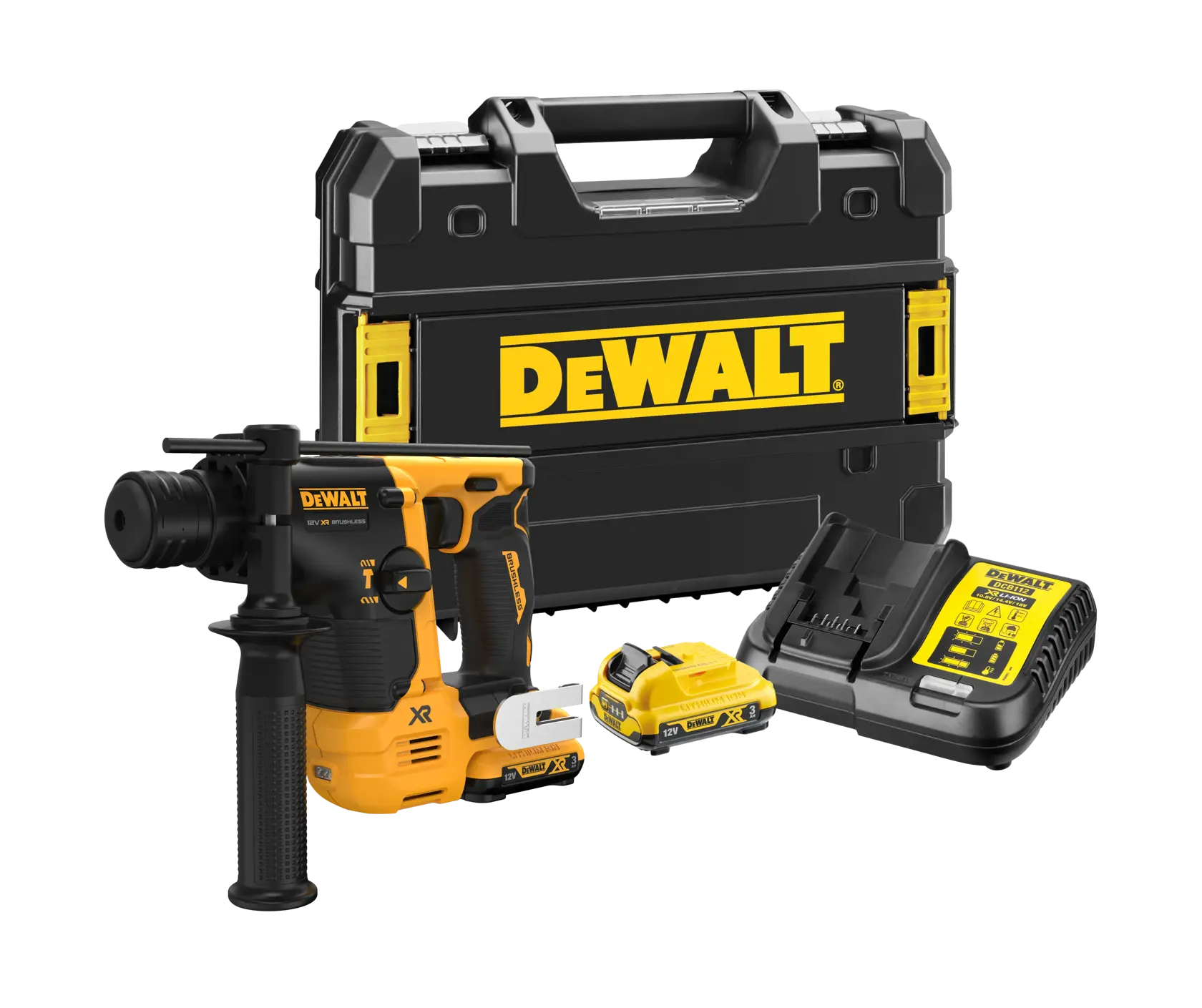 Martello rotativo DEWALT a batteria con impugnatura laterale e batteria XR 12V, giallo e nero.
