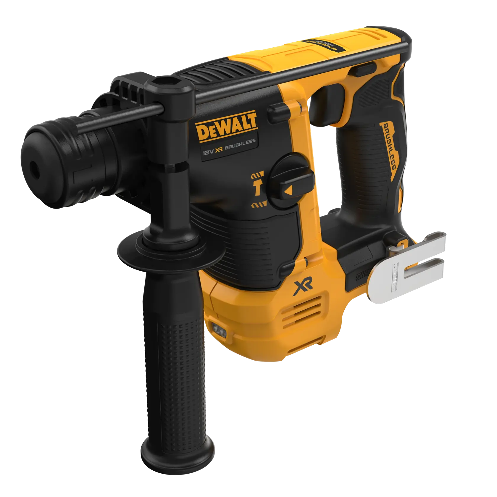 DEWALT rotary hammer, SKUs DCH072NT, DCH072N, DCH072N-XJ. Yellow and black tool for drilling. Photography category.