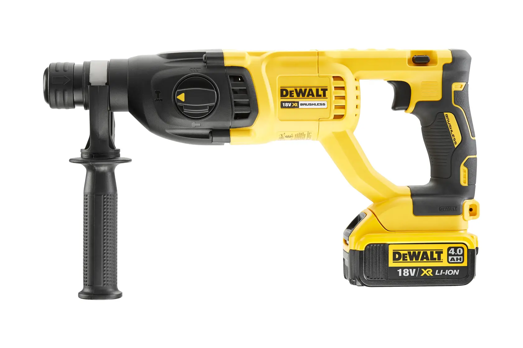 DEWALT rotary hammer drill DCH133M1-QW, DCH133M1, 18V XR, shown with side handle, for Photography category.