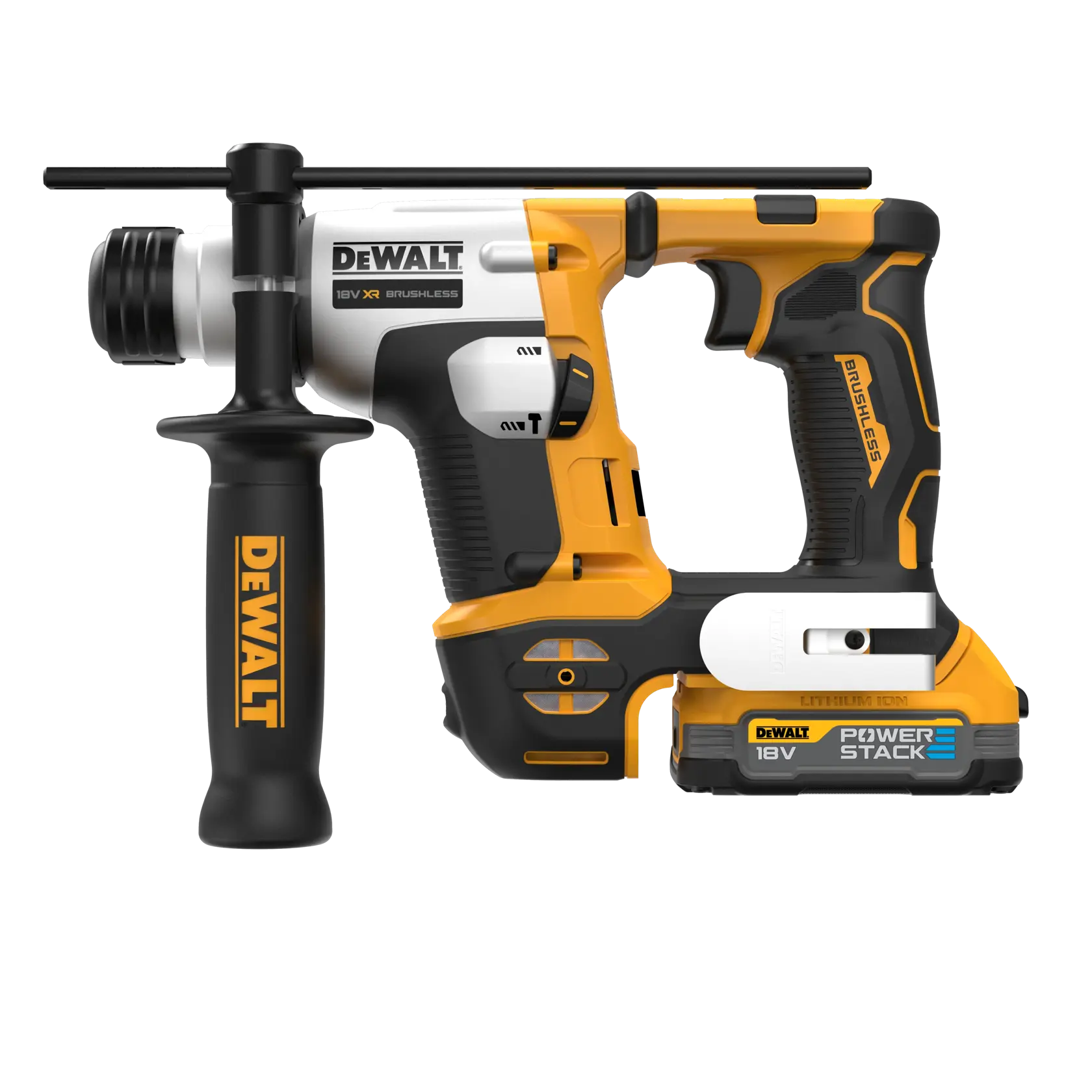 DEWALT 18V XR brushless rotary hammer drill with POWERSTACK battery, featuring a side handle for better grip, shown on a white background.