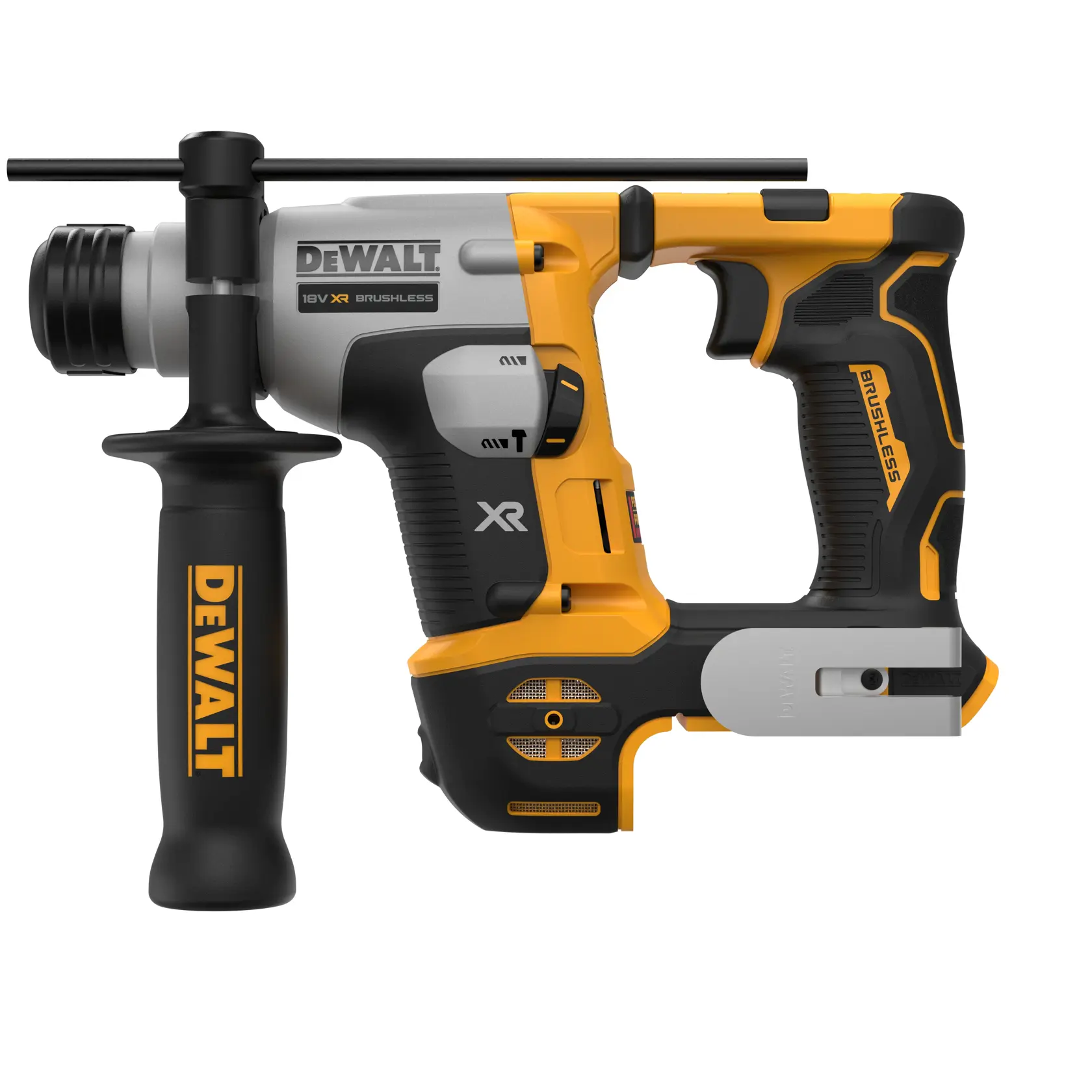 DEWALT rotary hammer drill, photo category, models DCH172NT-XJ and DCH172NT, black and yellow with side handle.