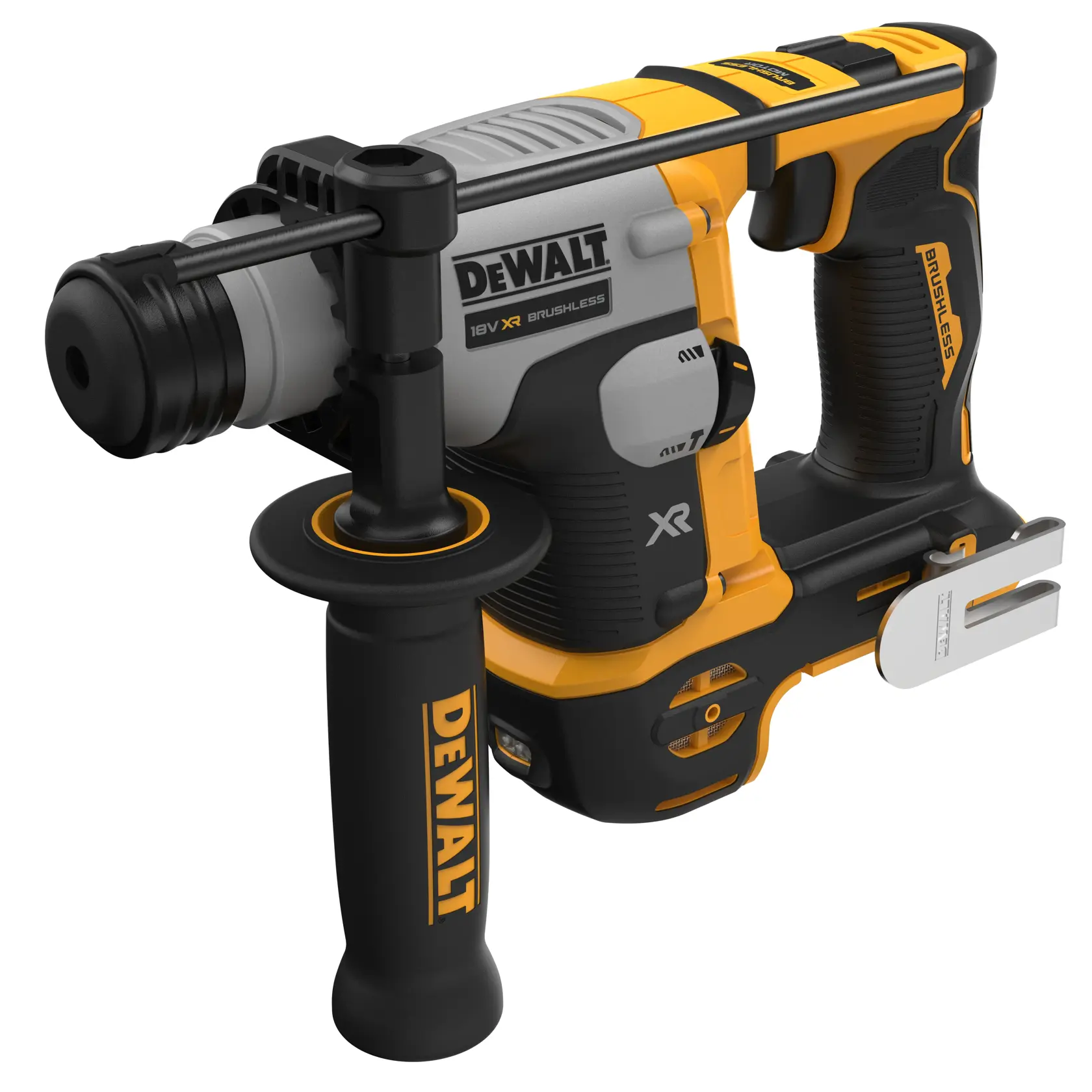 DEWALT DCH172NT-XJ, DCH172NT rotary hammer drill, yellow and black photography product, close-up side view.