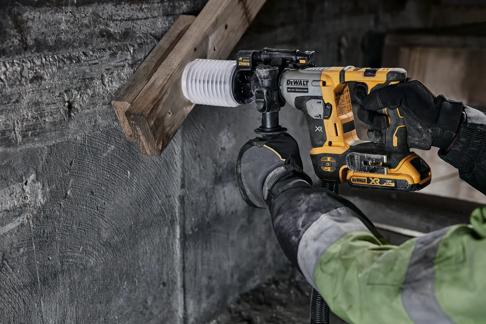 DEWALT tools DCH172NT-XJ, DCH172NT in use by worker drilling wood and concrete. Photography category.