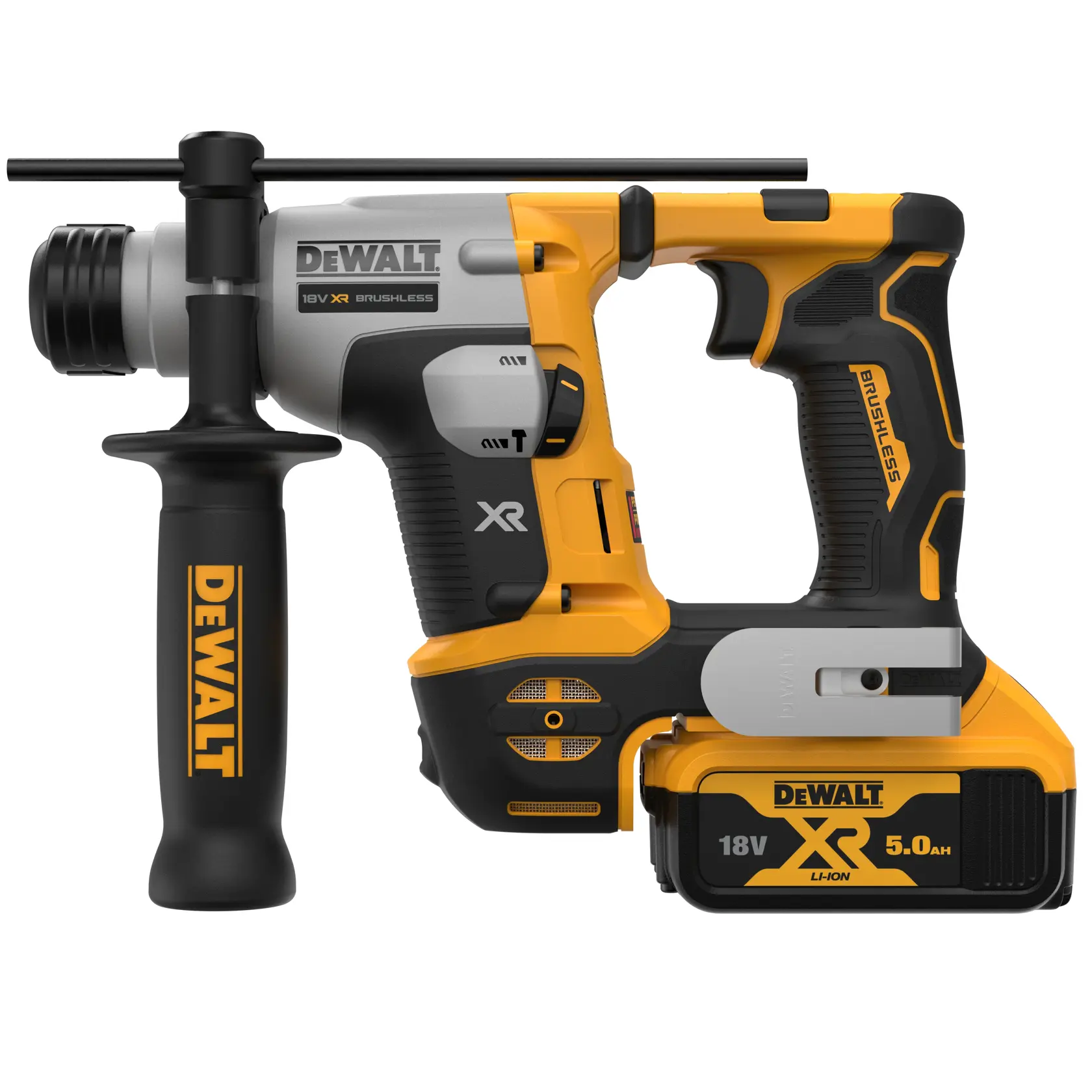 Martello rotativo DEWALT DCH172P2 18V con manico e batteria XR 5.0Ah Li-Ion, vista laterale.