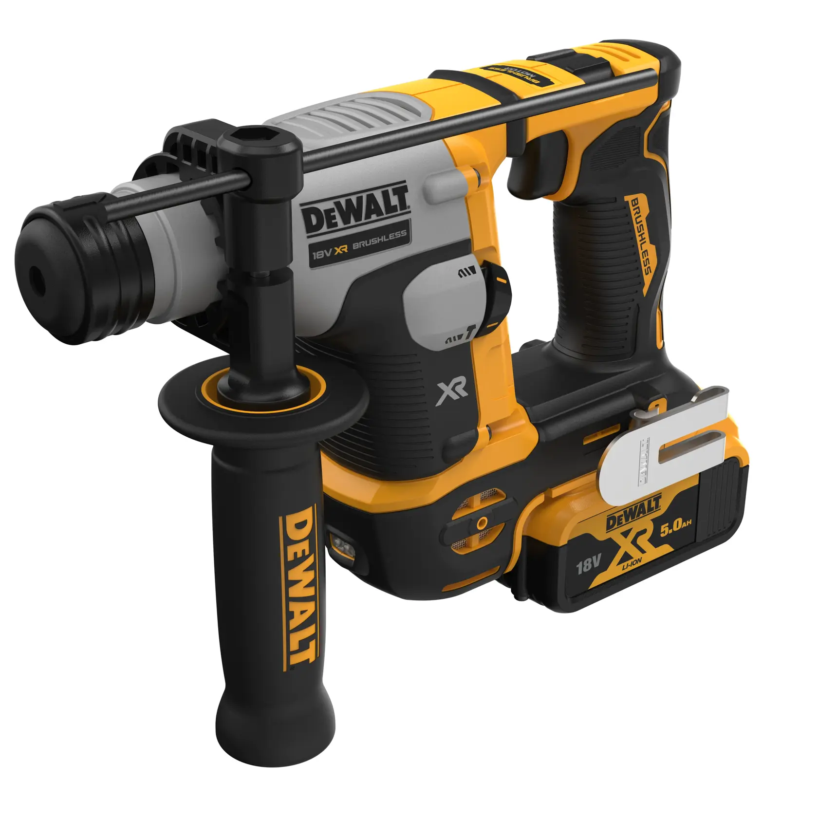 Martello rotativo DEWALT 18V XR brushless, impugnatura laterale e batteria.