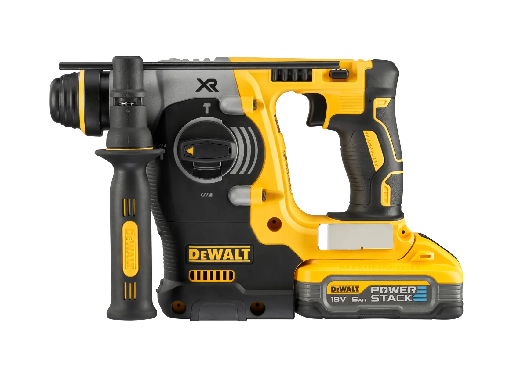 Martello perforatore DEWALT senza fili con batteria, design giallo e nero, manico laterale e batteria Power Stack 18V 5Ah etichettata.