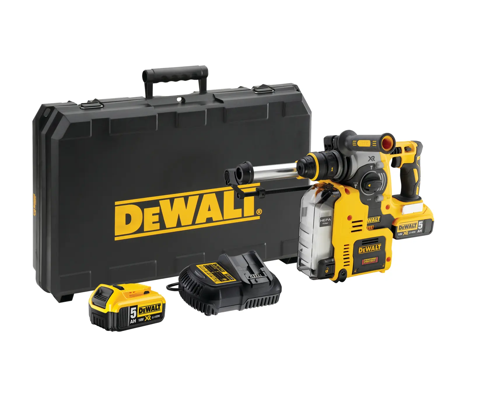 Bezuhlíková príklepová vŕtačka 18 V XR® 24 mm SDS DEWALT® s integrovaným odsávaním - 2 x 5 Ah