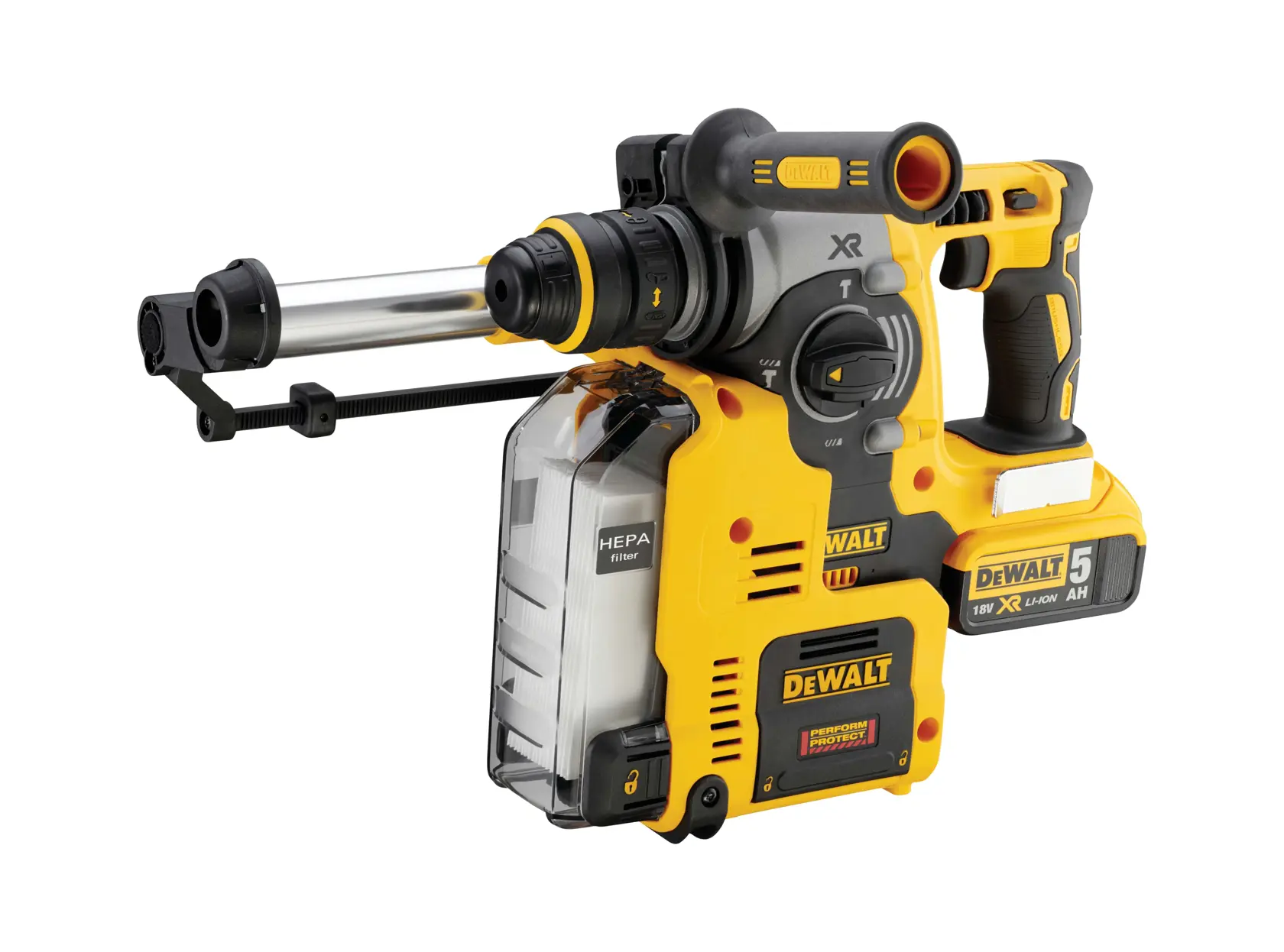 Bezuhlíková príklepová vŕtačka 18 V XR® 24 mm SDS DEWALT® s integrovaným odsávaním - 2 x 5 Ah