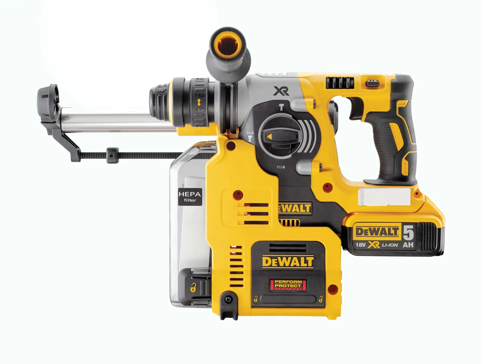 Bezuhlíková príklepová vŕtačka 18 V XR® 24 mm SDS DEWALT® s integrovaným odsávaním - 2 x 5 Ah