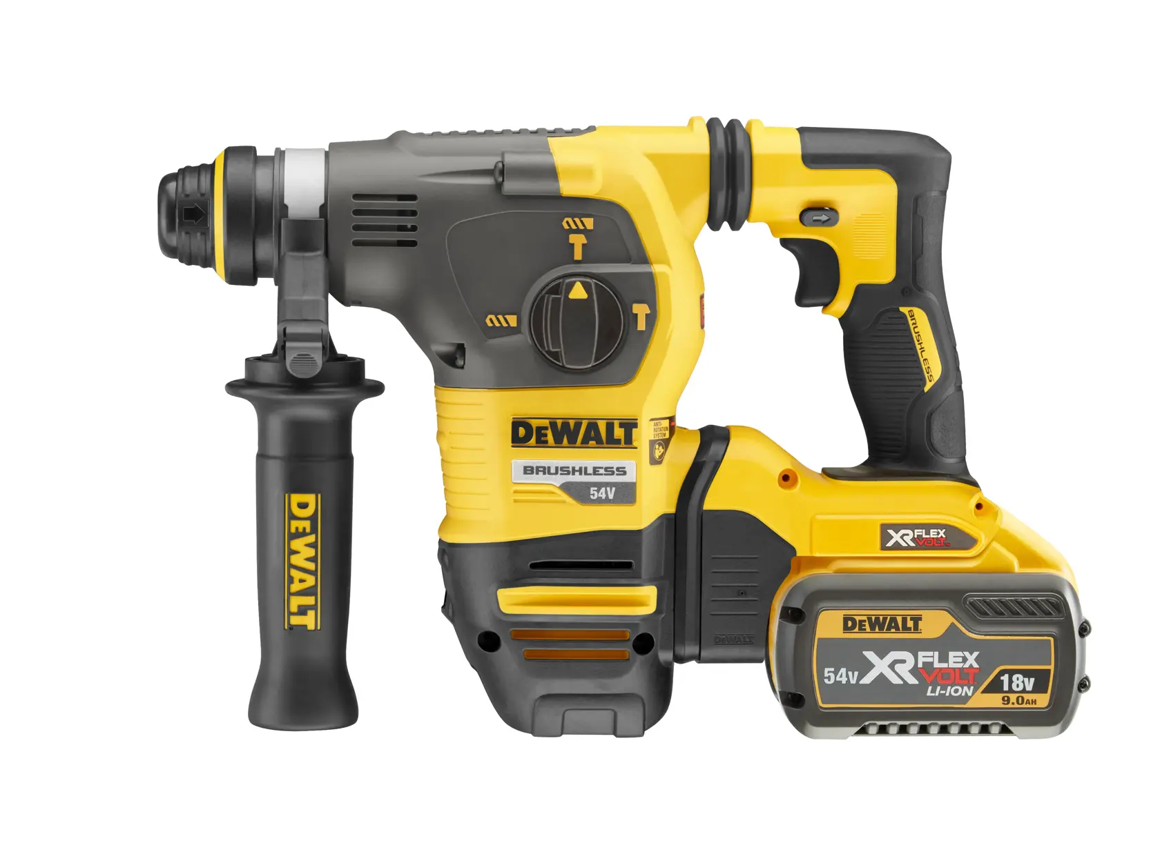 A DEWALT DCH333X2 cordless rotary hammer drill with brushless 54V technology, featuring a black and yellow design, a side handle, and a large rechargeable battery pack.