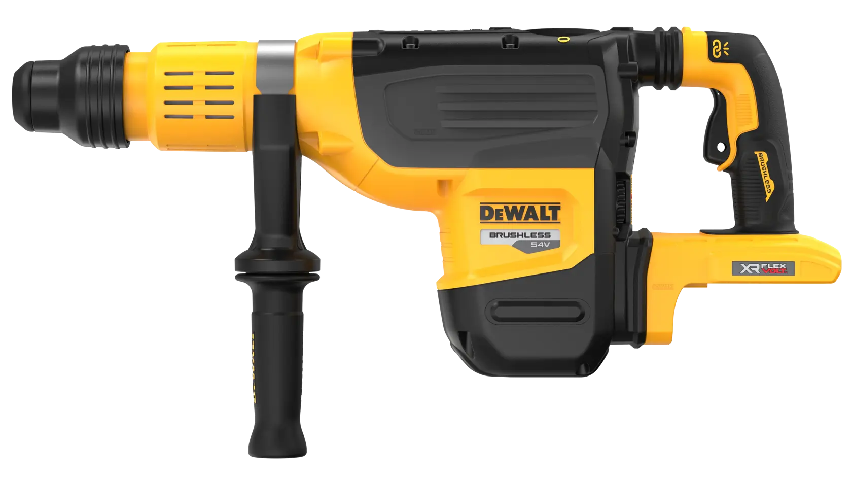 DEWALT brushless rotary hammer drill with handle, yellow and black, side view.