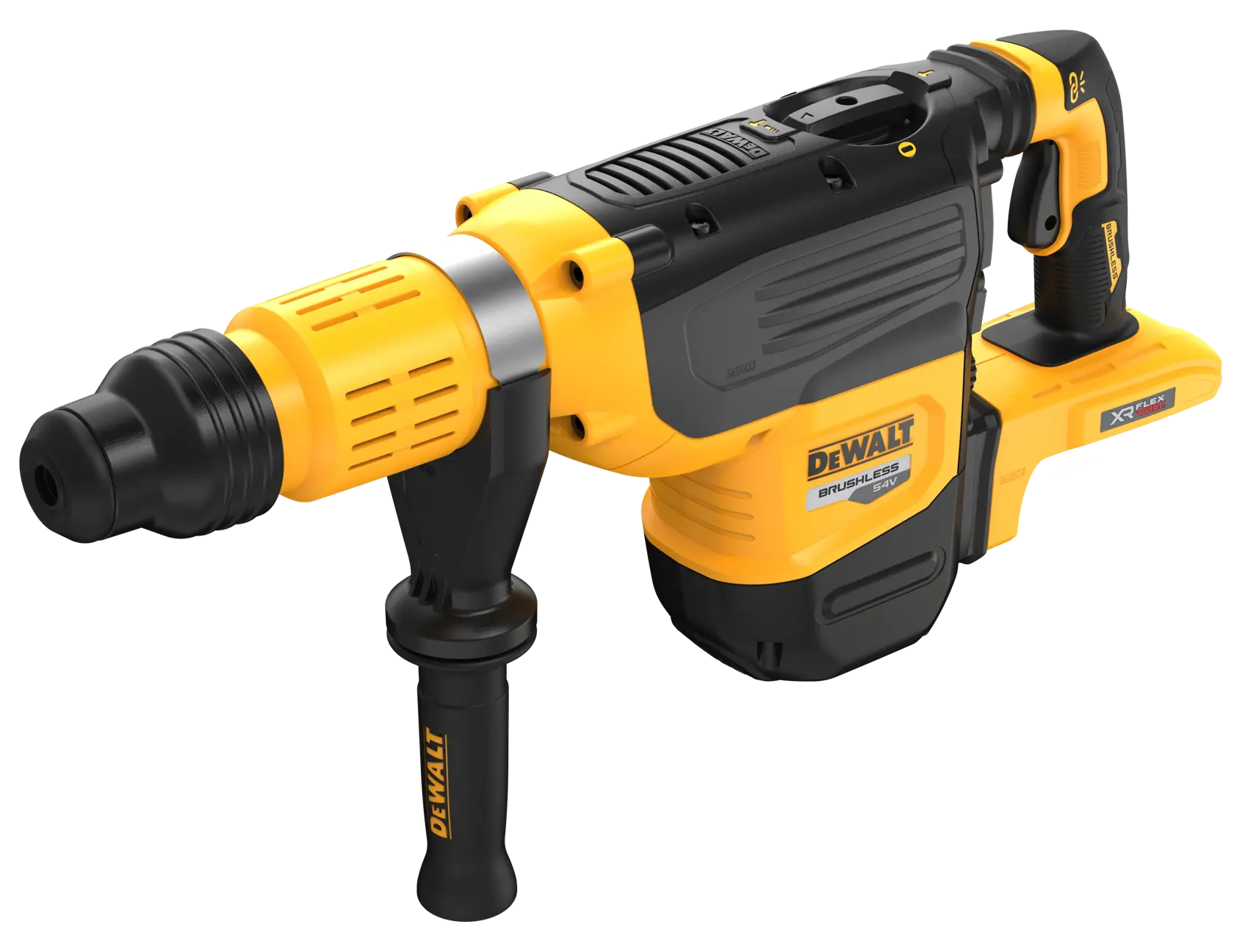 DEWALT cordless rotary hammer drill with side handle, yellow and black design, model DCH775N.