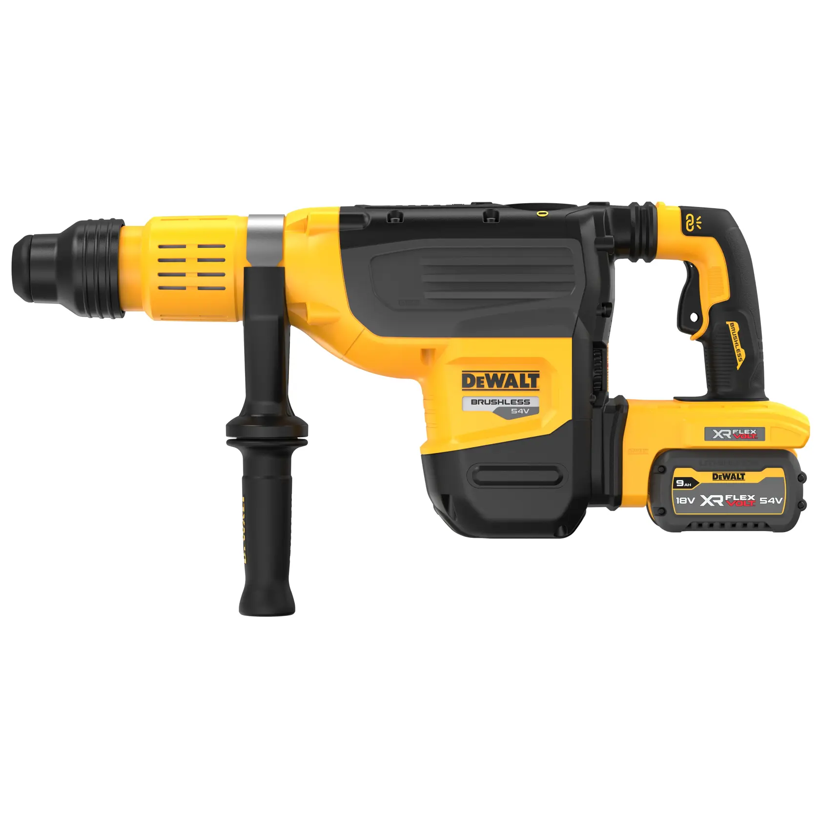 En gul og svart DEWALT trådløs roterende hammerbor med børsteløs motor, modell DCH775X2, med sidehåndtak og en 18V/54V XR FLEXVOLT batteri.