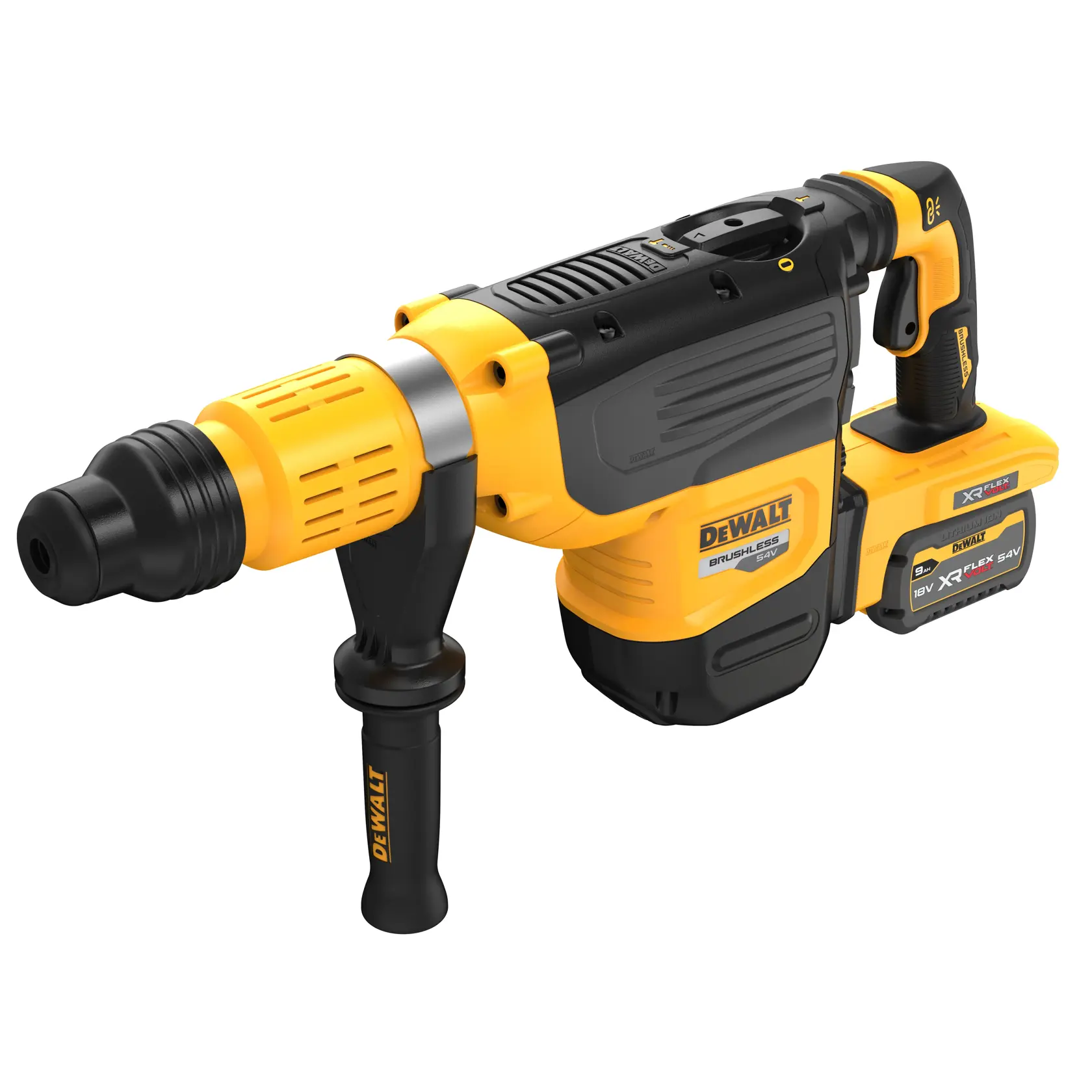 En DEWALT batteridrevet borhammer med gult og svart design, sidehåndtak og 54V XR FLEXVOLT batteri.