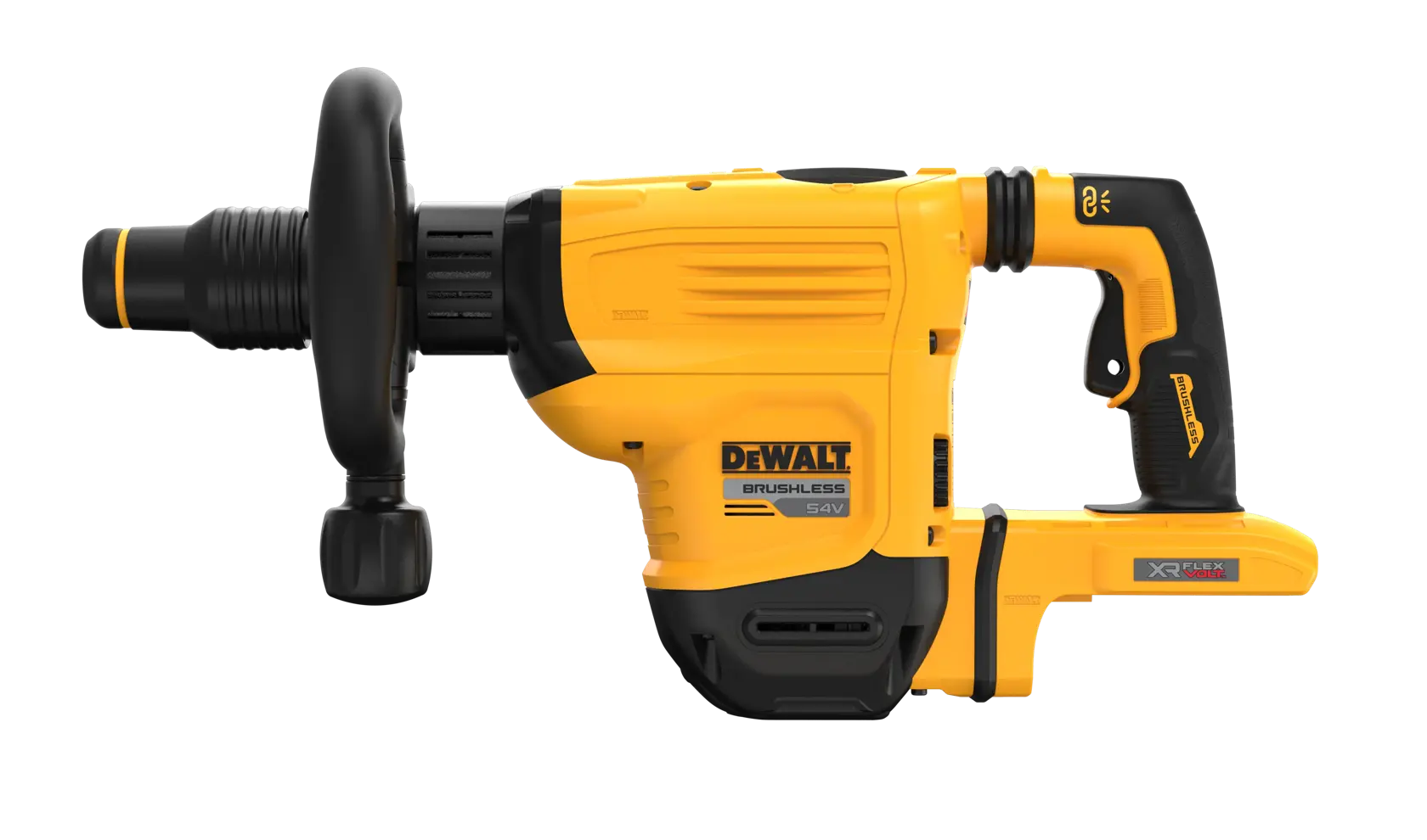 Martello rotativo a batteria DEWALT DCH832N giallo visto di lato su sfondo bianco.