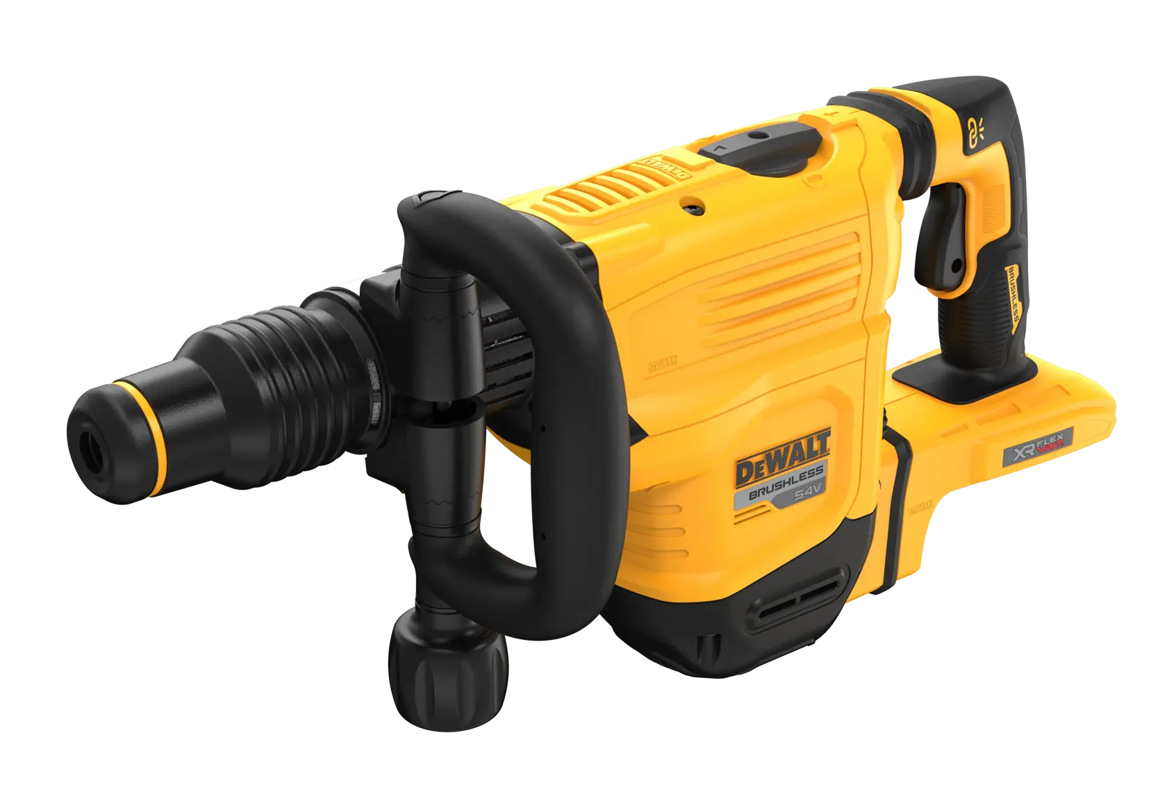 Martello demolitore brushless DEWALT giallo, senza fili, con impugnature e attacco SDS MAX.