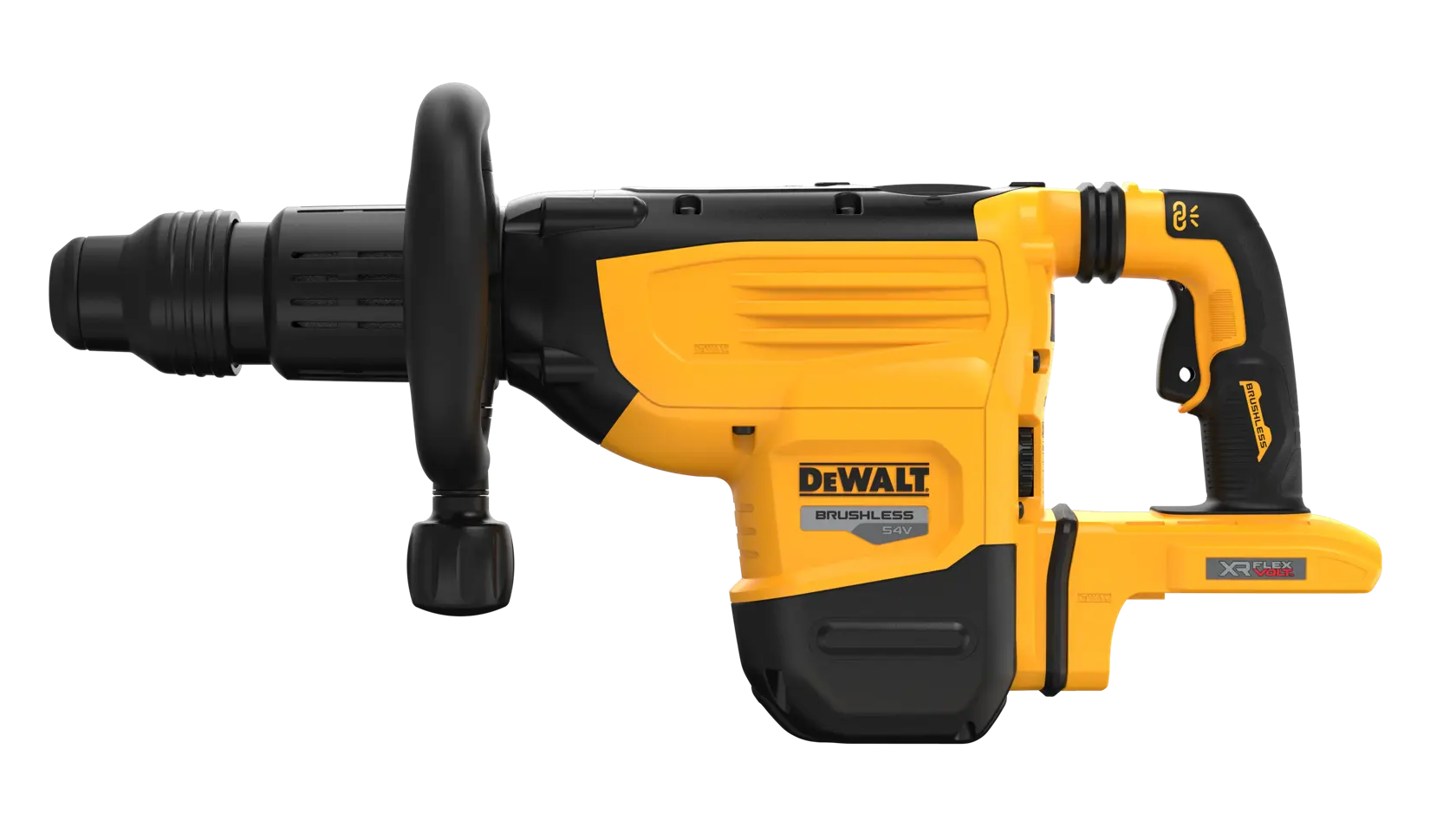 DEWALT DCH892N 54V cordless yellow rotary hammer with black handle, side grip, and brushless motor.