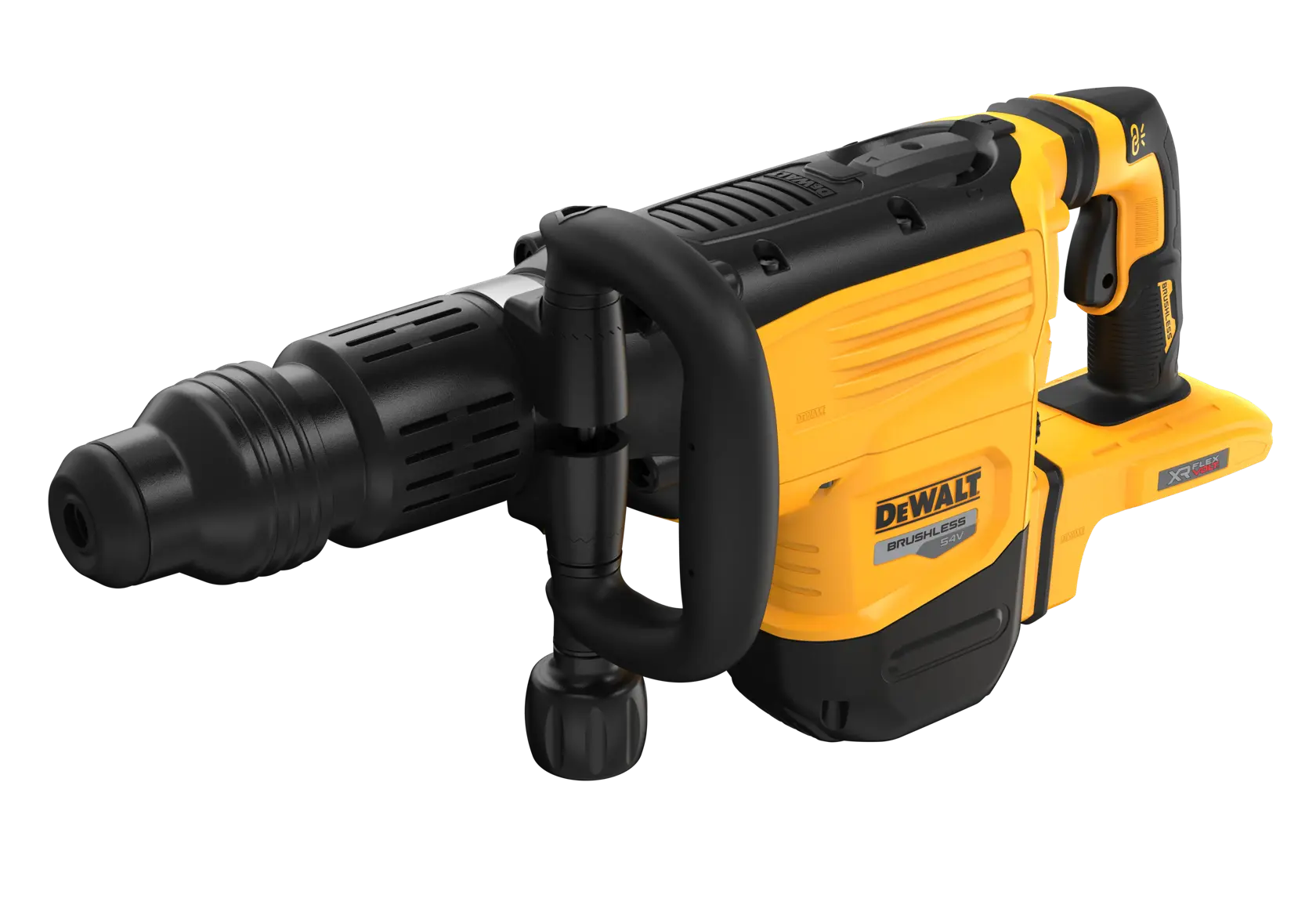 DEWALT yellow and black cordless rotary hammer drill with side handle shown on white background.