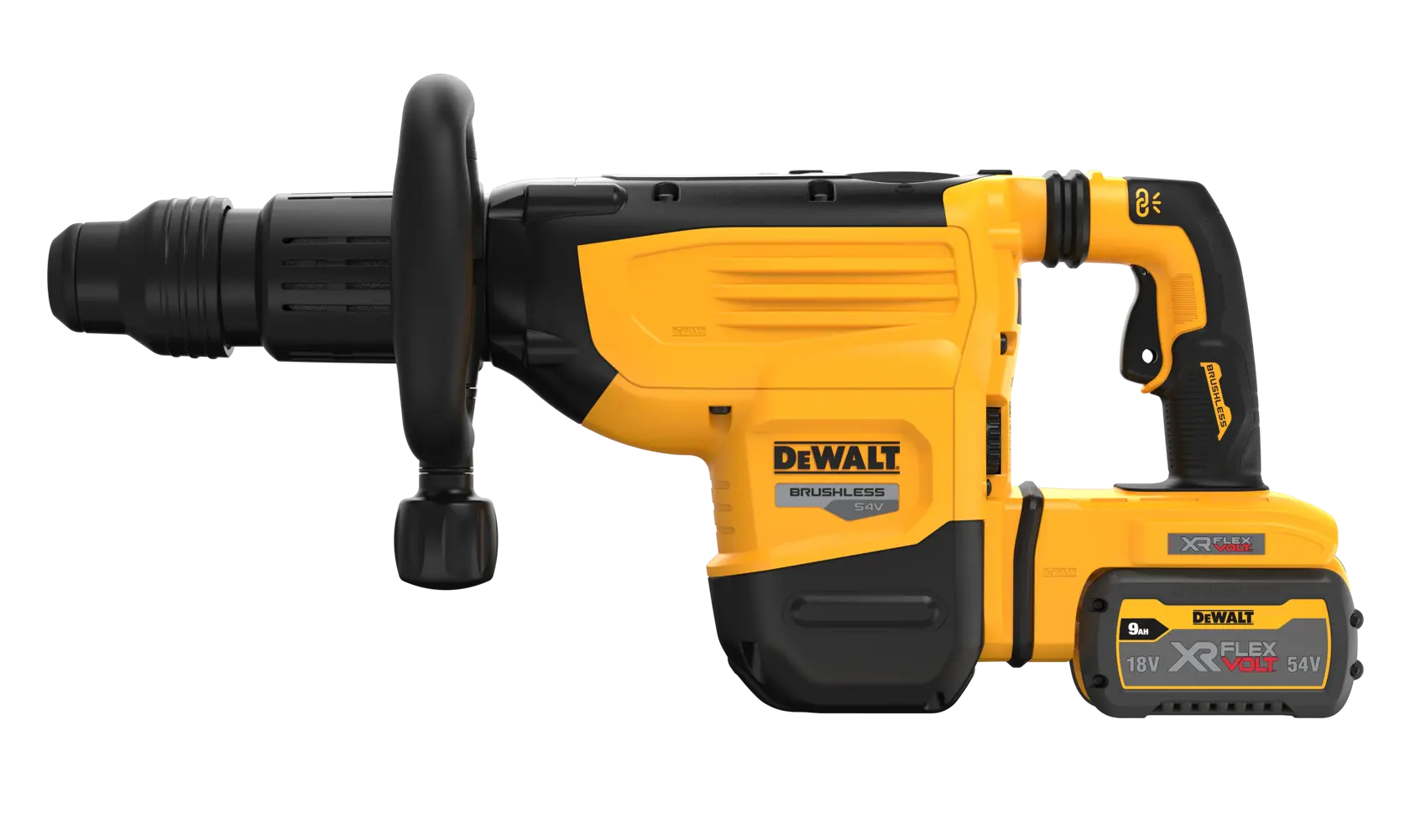 Martello perforatore DEWALT giallo senza fili con manico nero e batteria XR FLEXVOLT, modello DCH892X2.