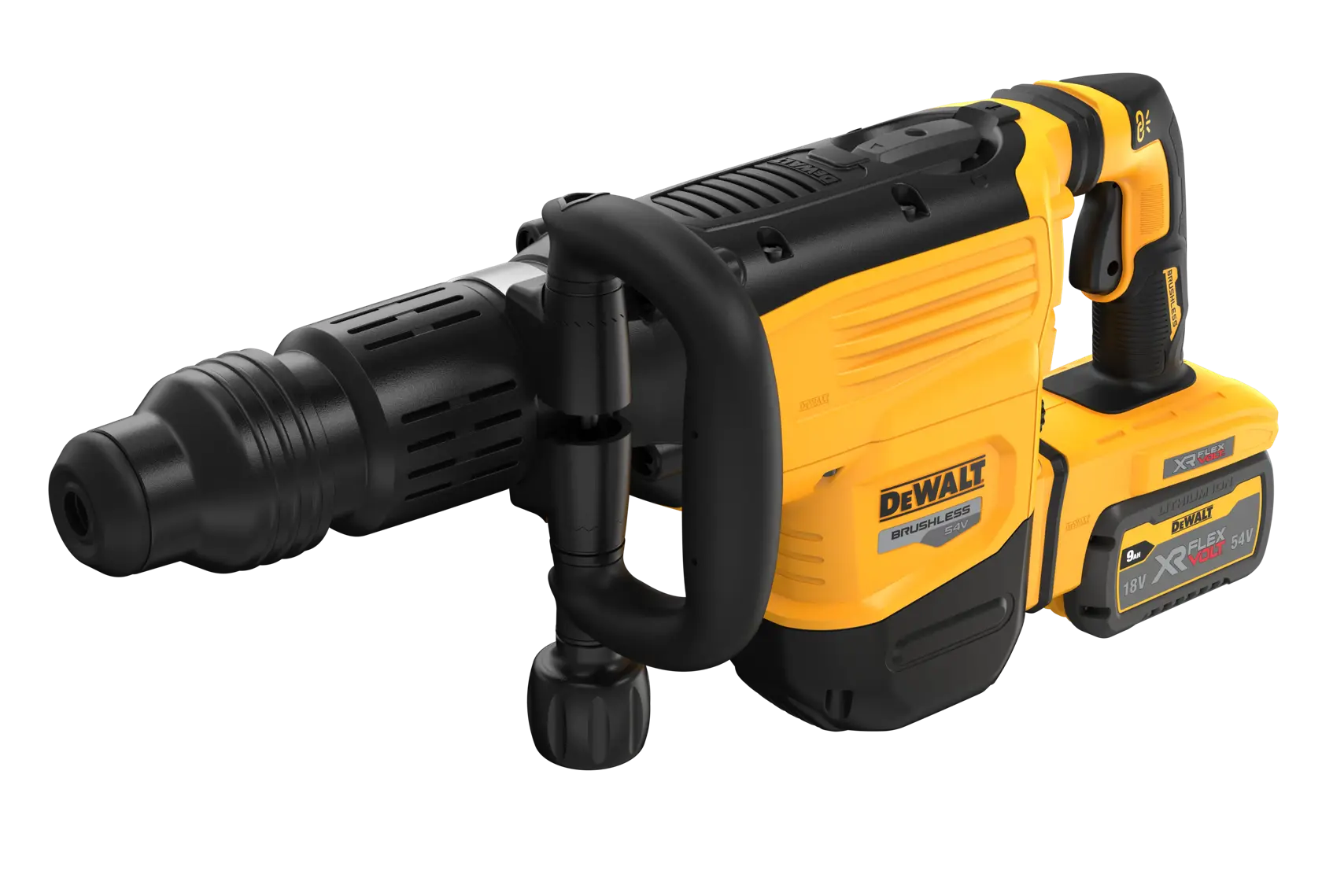 Trapano a martello DEWALT senza filo con manico e batteria, mostrato in giallo e nero.