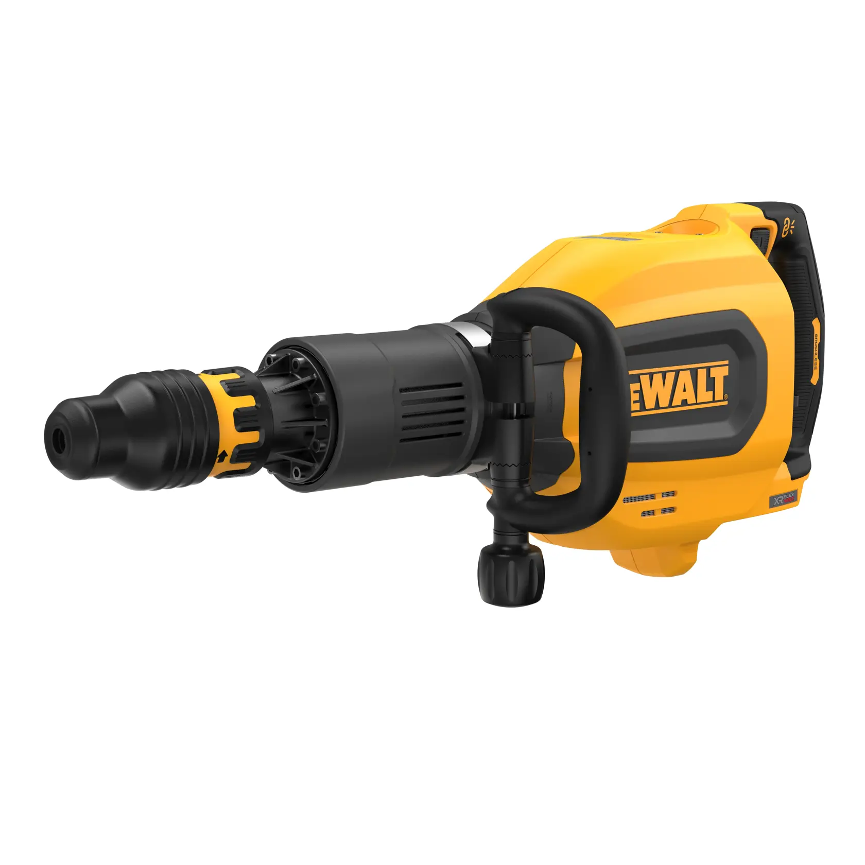 DEWALT cordless rotary hammer, yellow and black, shown from side angle with handle and front bit visible.