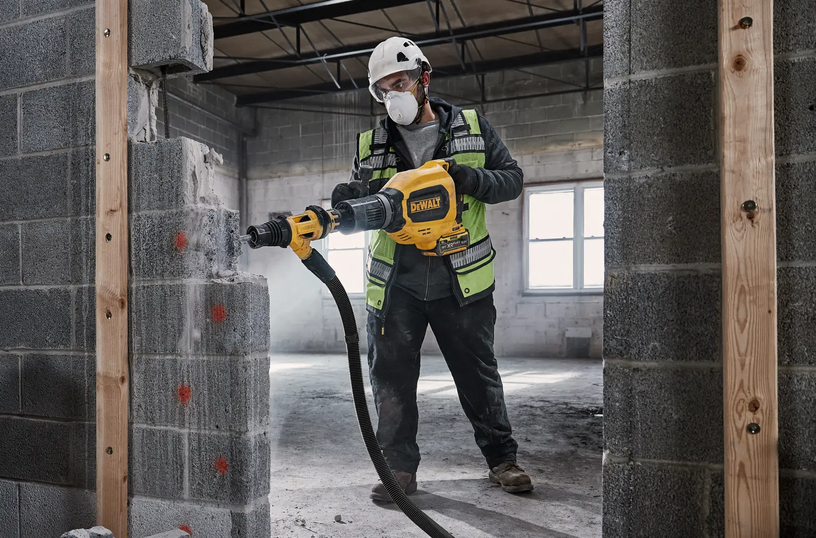Worker uses DEWALT DCH911NK rotary hammer to drill a concrete wall at a construction site.