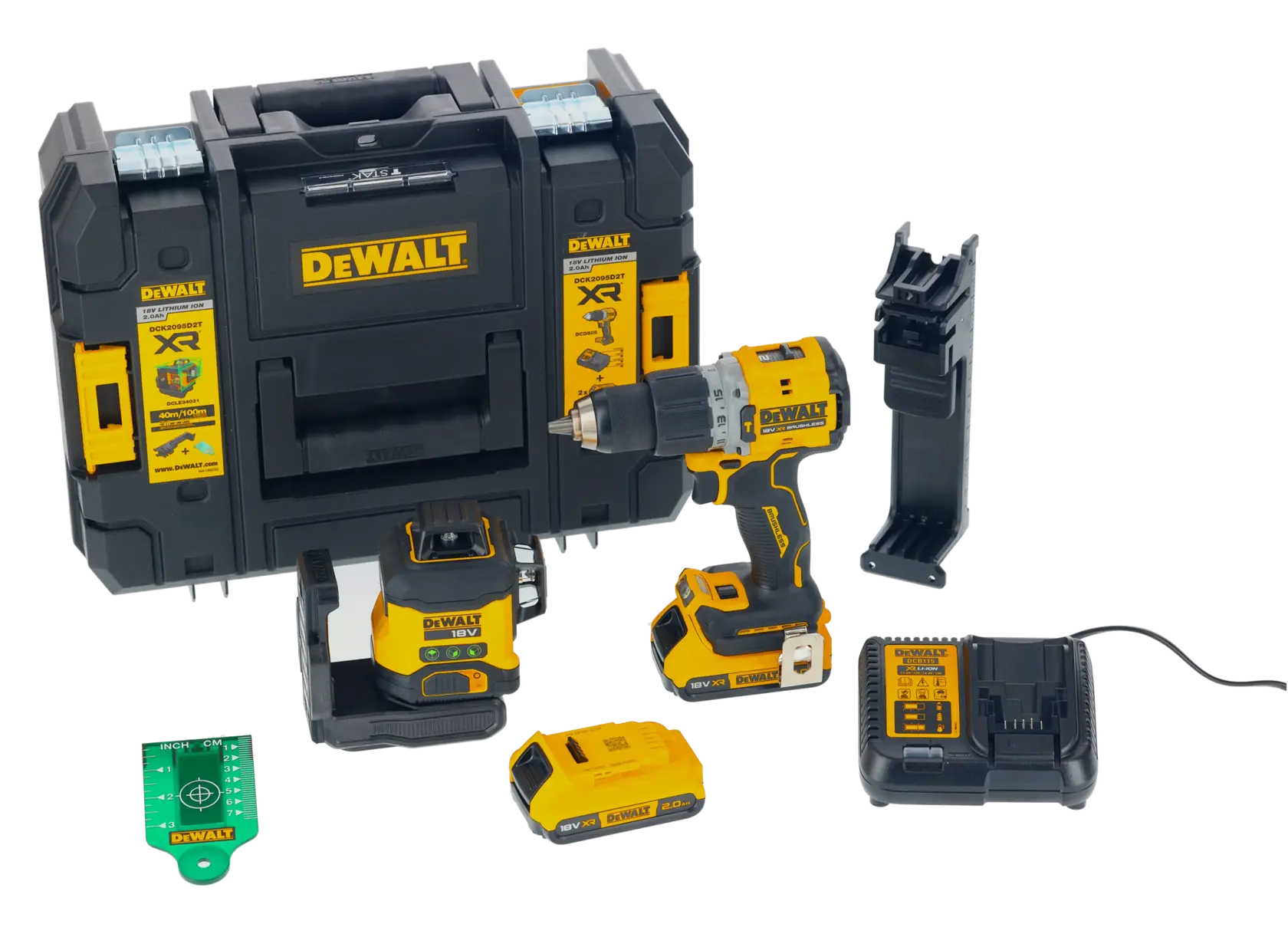 DEWALT tool kit with carrying case, cordless drill, laser level, battery charger, two batteries, mounting bracket, and a green measuring card, all displayed on a white background.