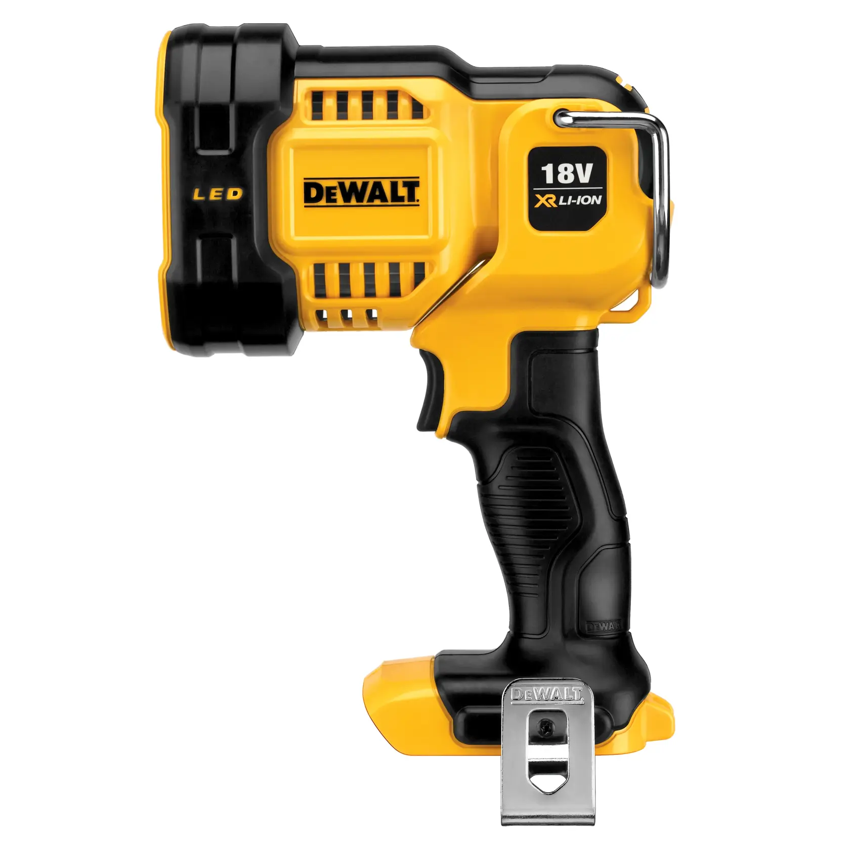 DEWALT DCL043 bærbar LED arbeidslampe med gult og svart design, 18V XR Li-Ion, pistolgrep og metall belteklips.