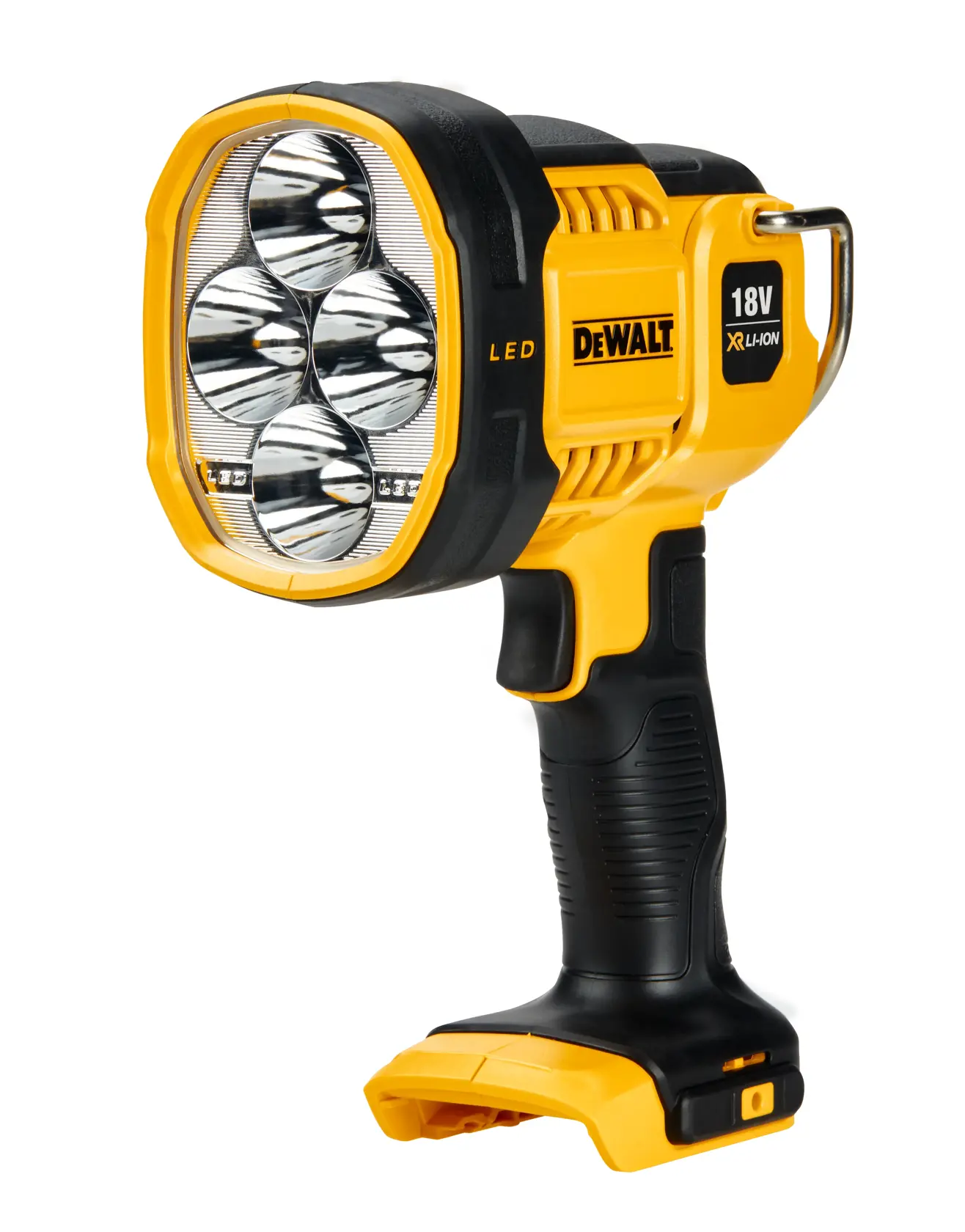 DEWALT DCL043 bærbart LED-spotlys med svart og gul kropp, fire LED-pærer, pistolgrep og plass til 18V XR Li-Ion batteri.