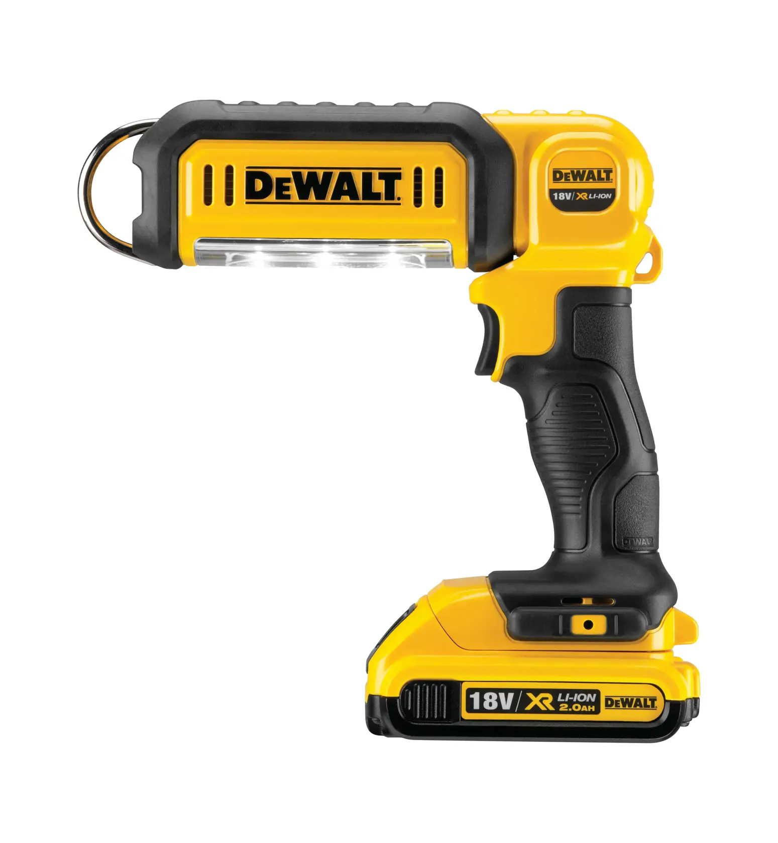 DEWALT DCL050 cordless LED work light with yellow and black handle, 18V battery attached.