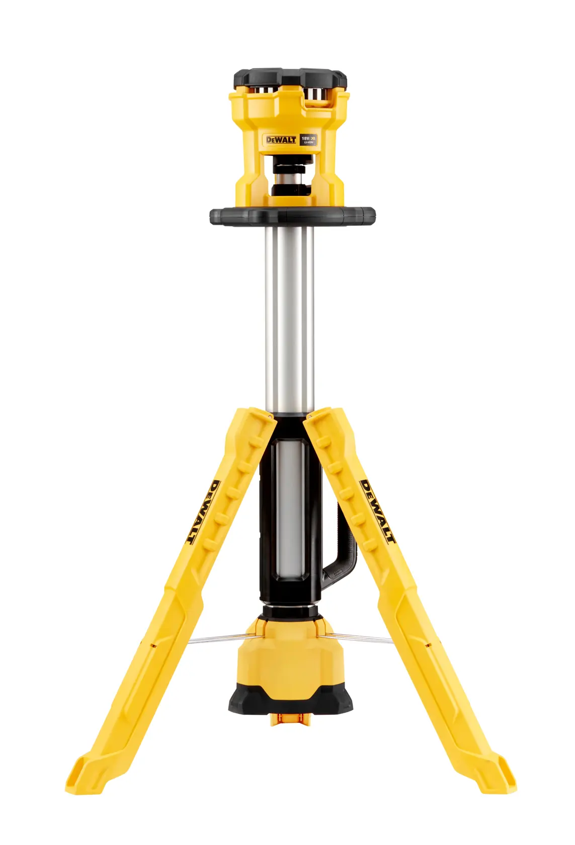 DEWALT DCL079 yellow LED tripod work light with adjustable height, shown standing upright.