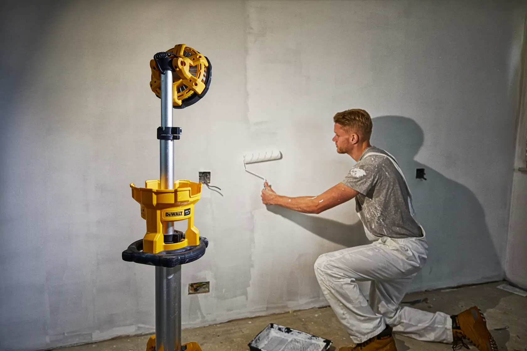 DEWALT DCL079 work light on tripod used by a painter rolling paint on a wall in a room under renovation.