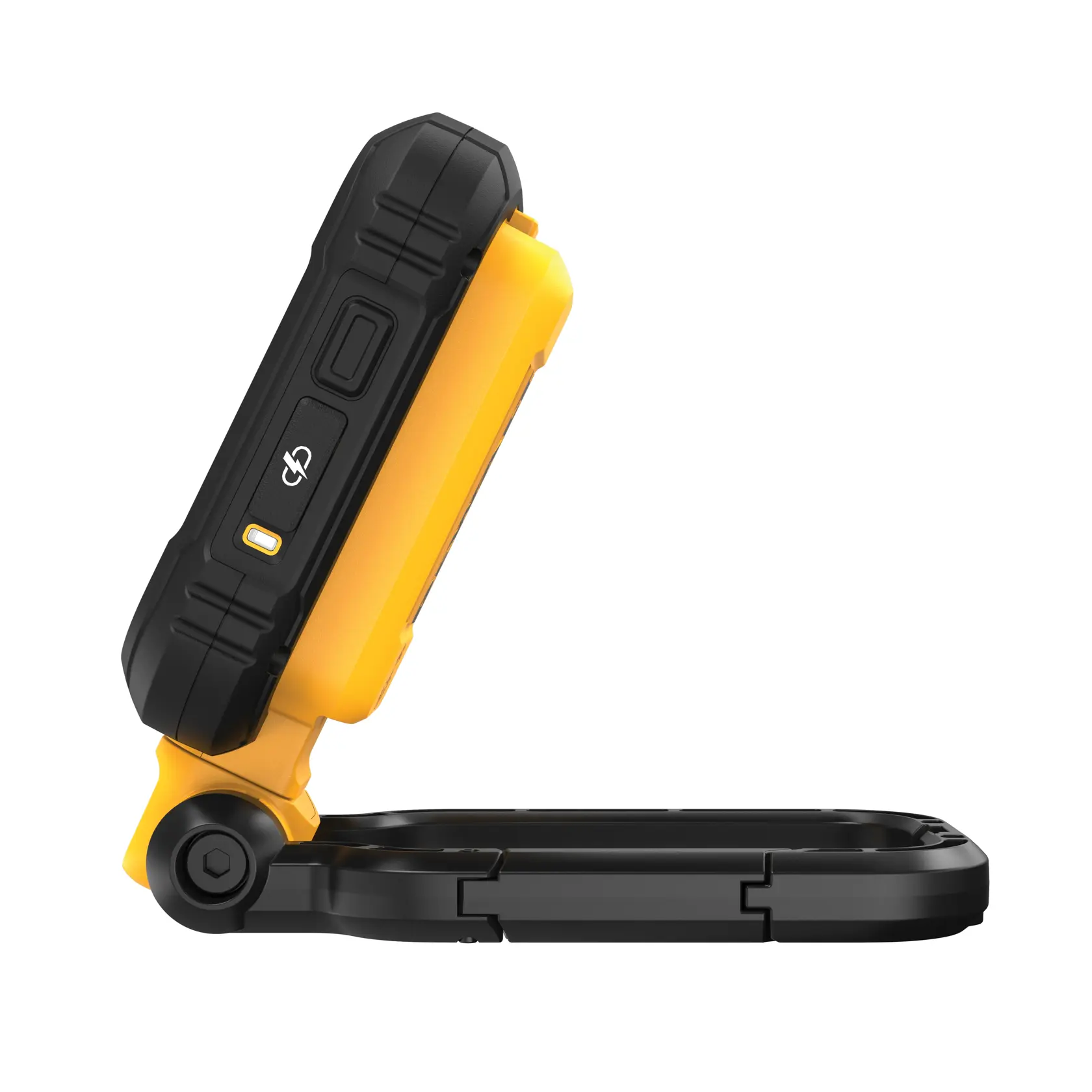 Sidevisning av en DEWALT DCL182 bærbar arbeidslampe med sammenleggbart stativ og robust gul og svart ytterdeksel.