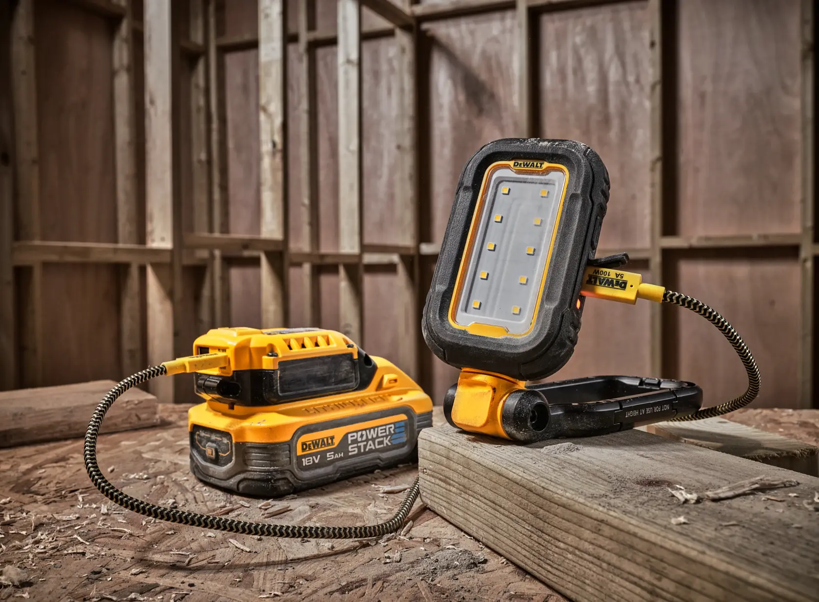 En DEWALT DCL182 bærbar LED arbeidslampe koblet til et DEWALT POWERSTACK 18V 5Ah batteri, plassert på en treflate på en byggeplass.