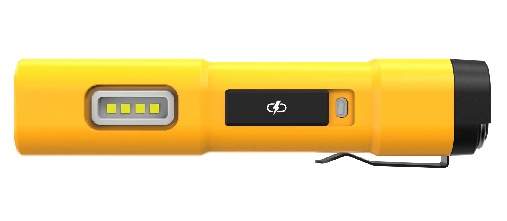 En gul DEWALT DCL183 LED-lommelykt med svart klips og sideknapp, designet for bærbar bruk.