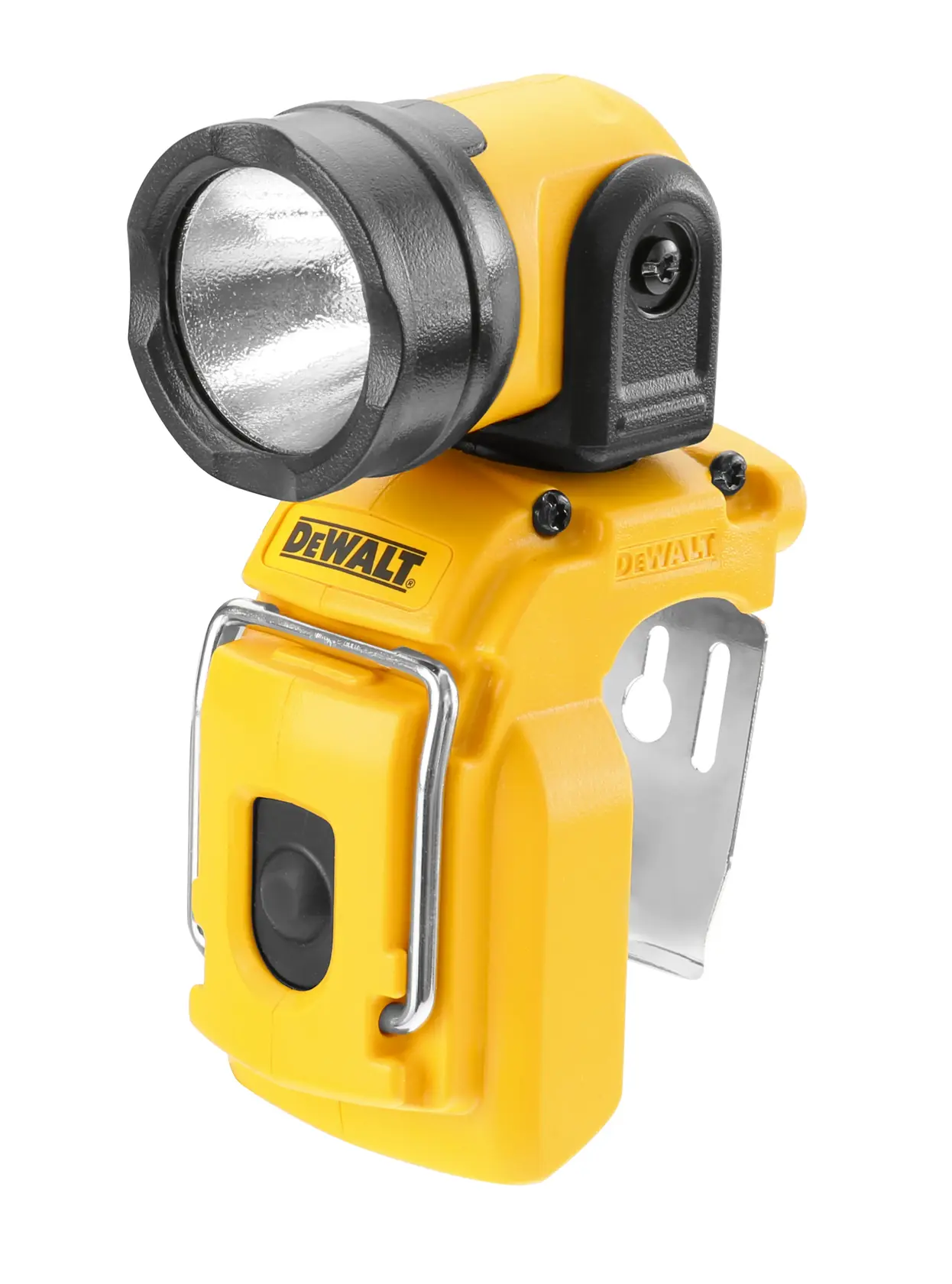 Compact yellow DEWALT LED flashlight with adjustable head and metal clip for convenient mounting.