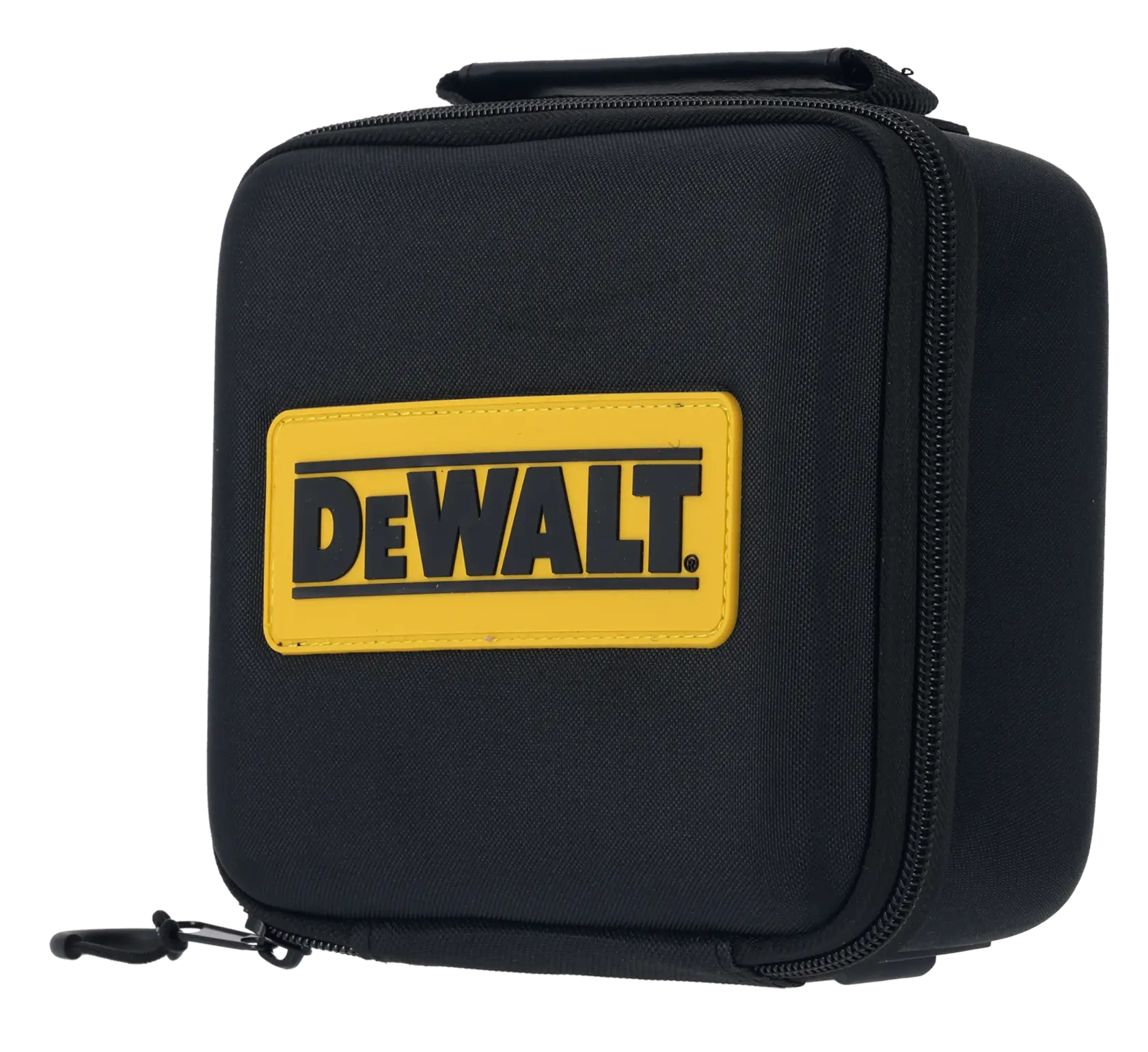 Borsa nera DEWALT con cerniera e logo giallo, per conservare e proteggere attrezzatura fotografica.