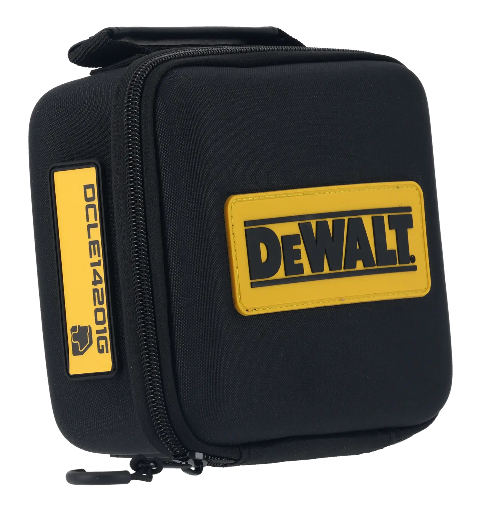 Astuccio nero DEWALT con zip, logo giallo e etichetta modello DCLE14201GB.