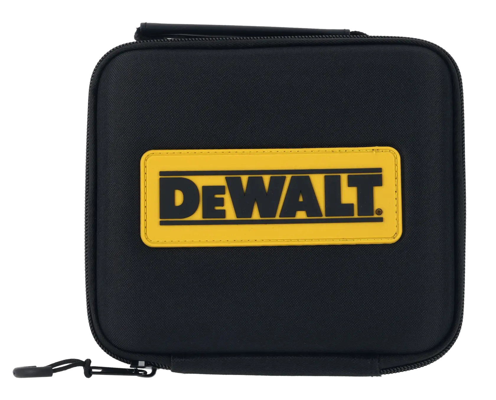 Custodia nera DEWALT con logo giallo, forma quadrata, zip, per accessori fotografici.