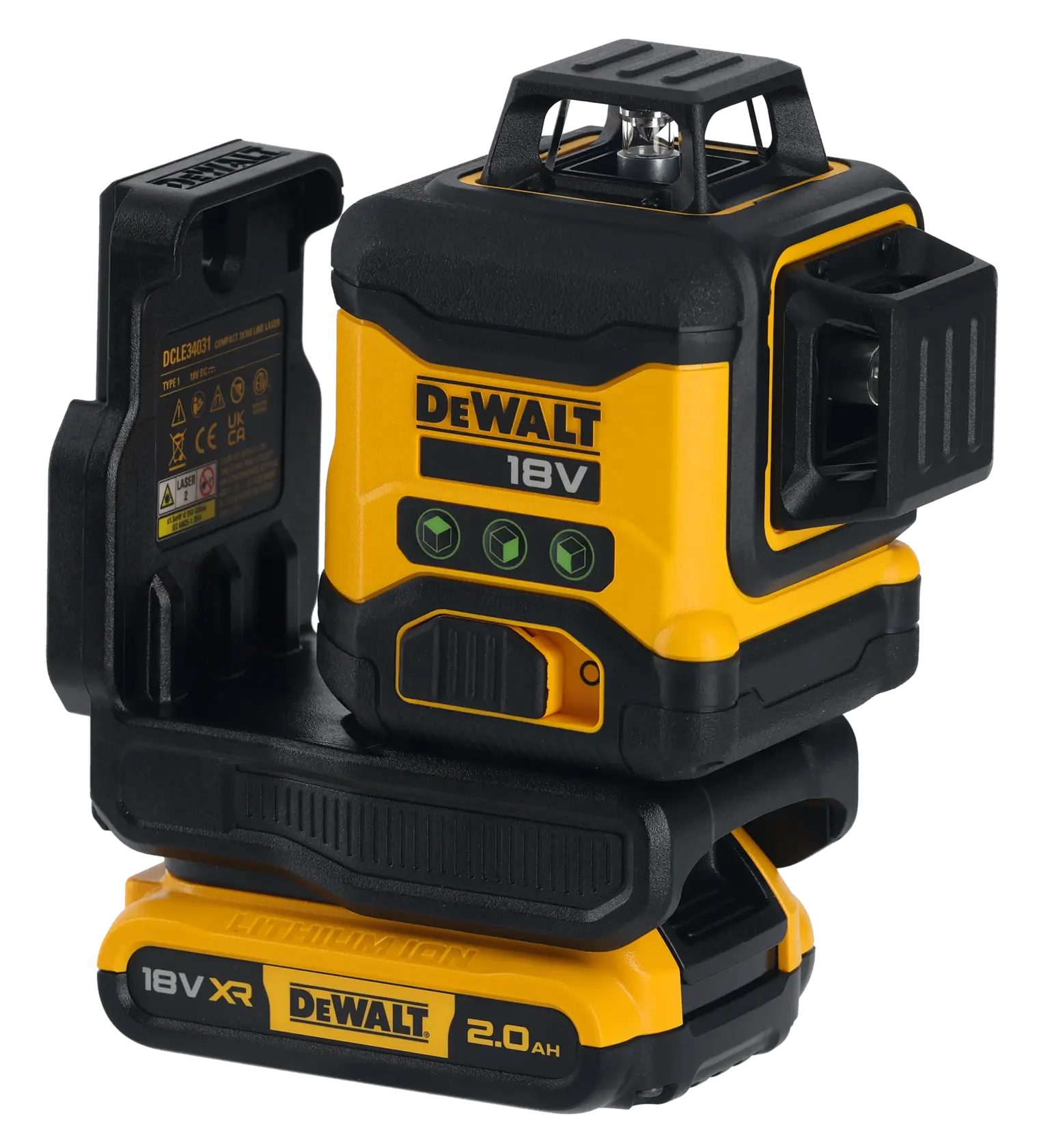 DEWALT 18V yellow and black XR laser level tool with 2.0Ah lithium-ion battery, shown on a white background.