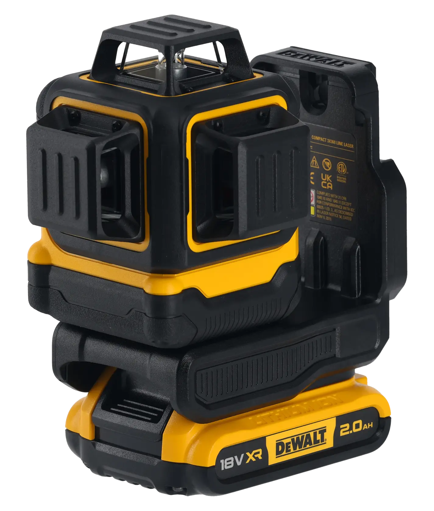 DEWALT 18V XR compact laser level device in black and yellow with protective casing and battery.