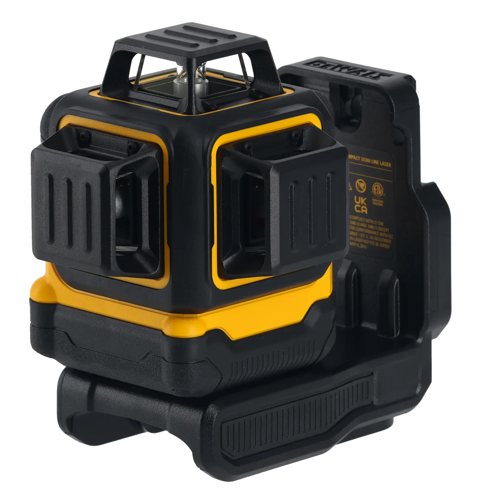 DEWALT black and yellow 3D laser level, compact design for precise alignment in construction and photography.