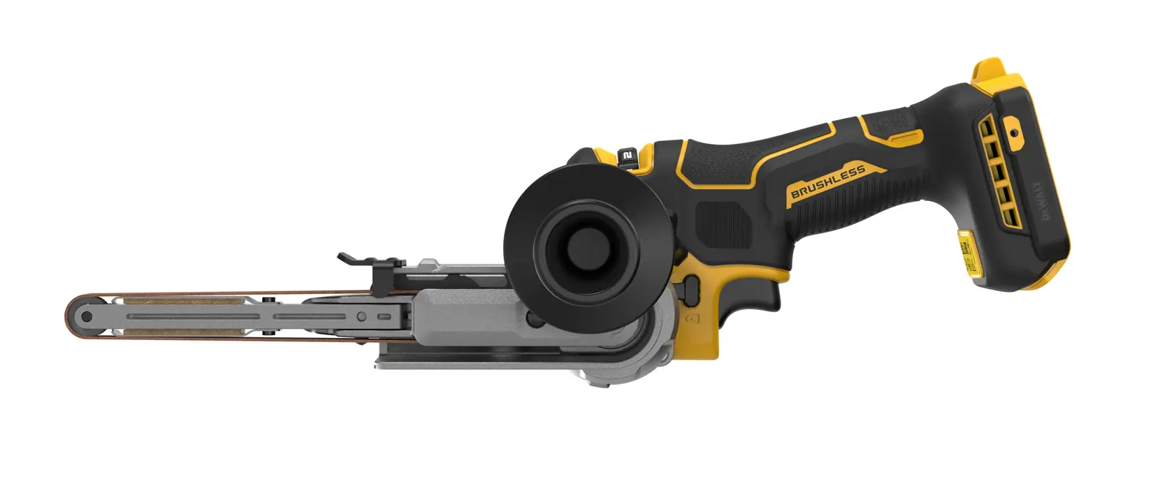 DEWALT cordless belt sander with ergonomic handle and brushless motor, shown on white background.