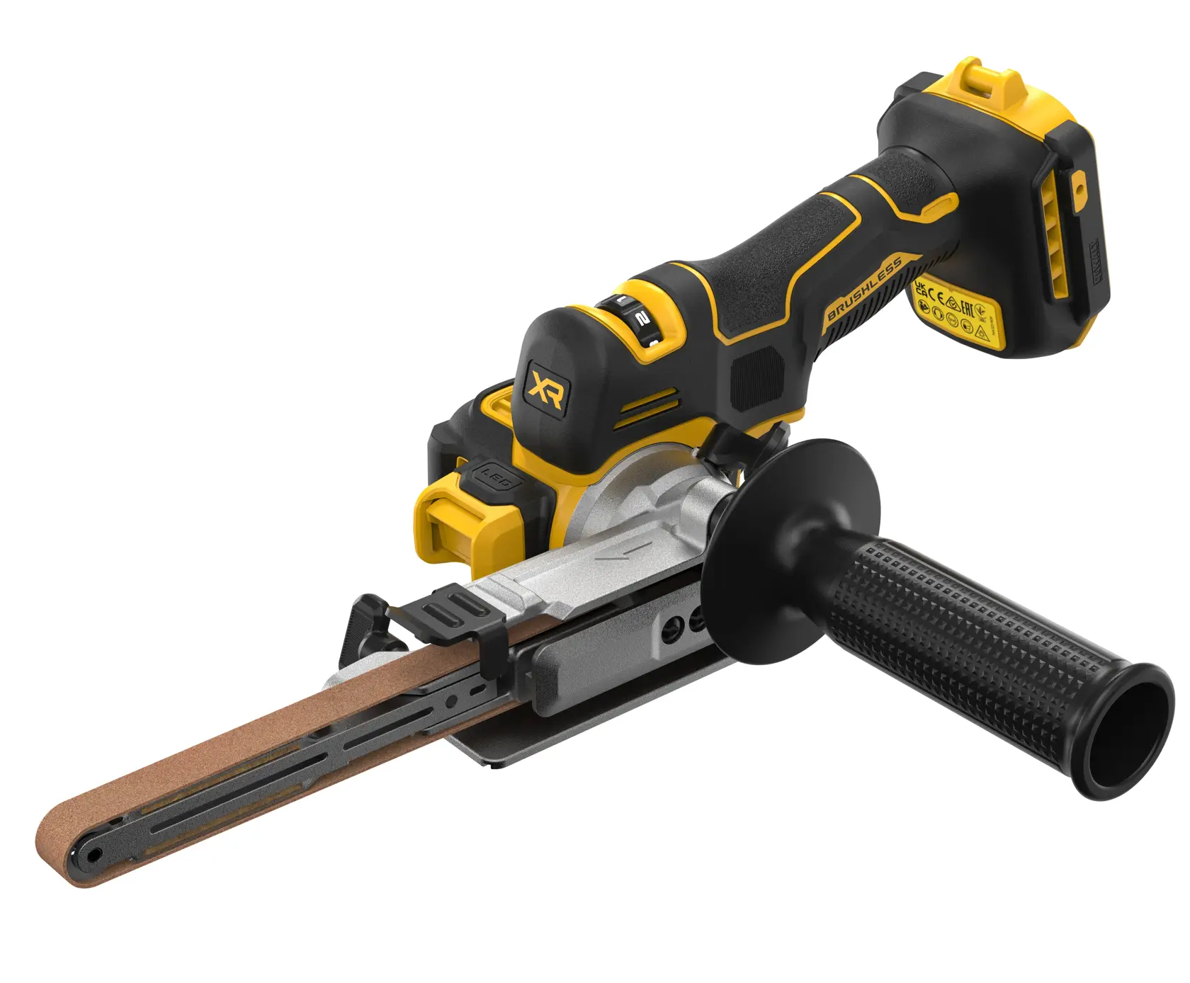 DEWALT cordless belt file with black and yellow design, ergonomic handle, and slim sanding belt attachment.
