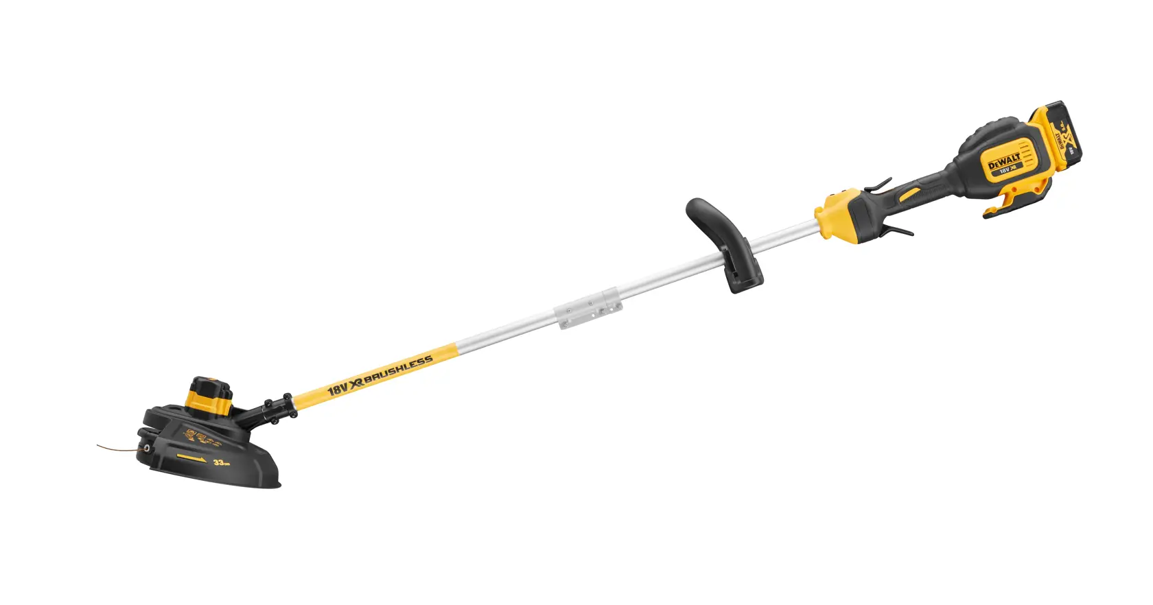 Tagliabordi DEWALT senza fili, design giallo e nero, manico regolabile e asta dritta.