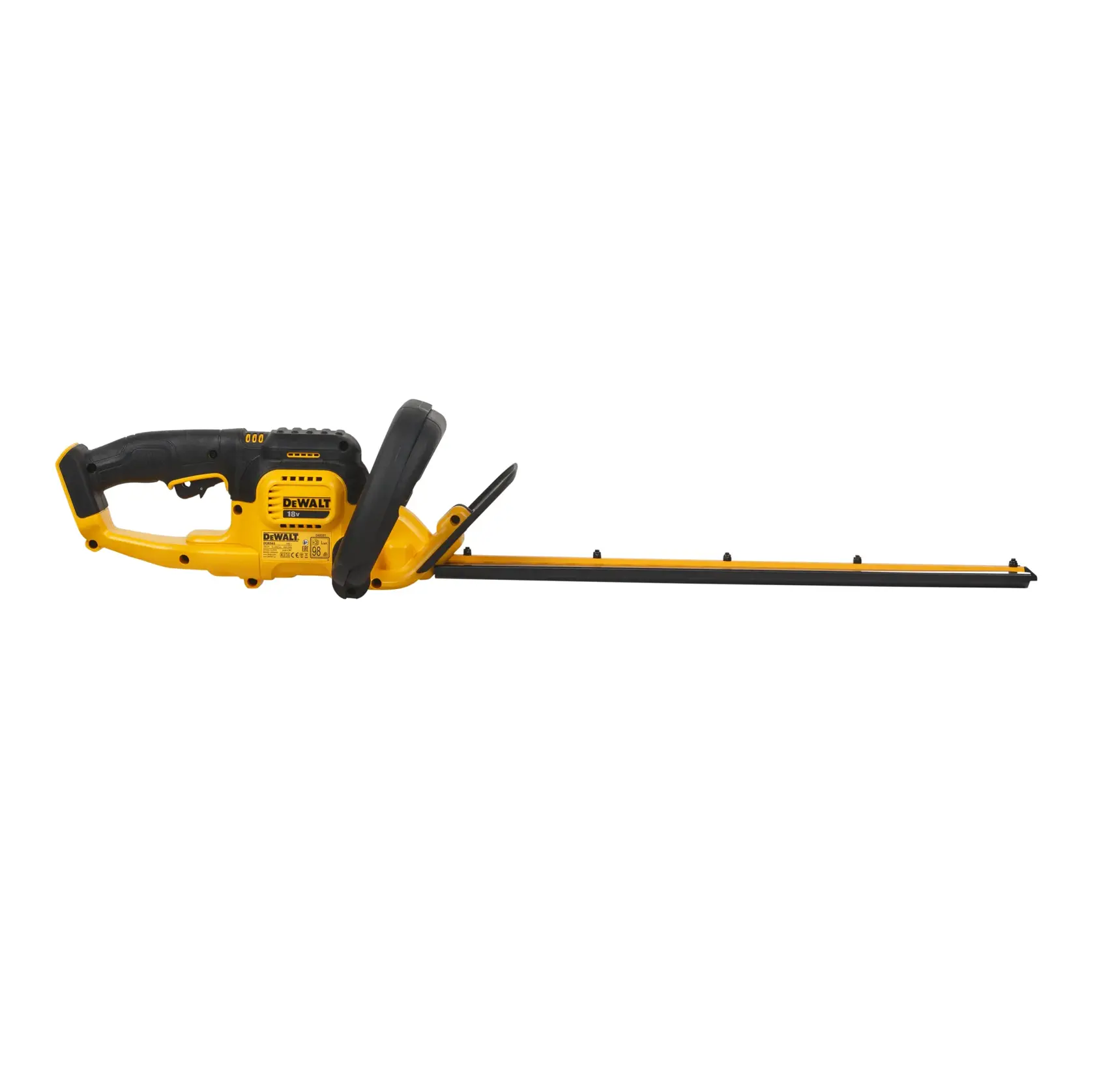 Yellow and black DEWALT cordless hedge trimmer with long blade, shown on white background.
